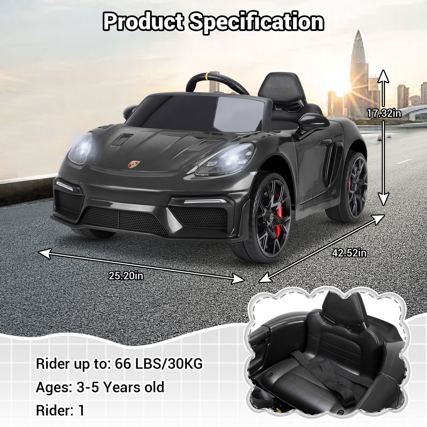 12V Powered Ride On Toys, Licensed Porsche 718 Ride on Car for Kids Boys Girls Christmas Gifts Ages 3-5, Kids Cars Electric Vehicle with Remote Control, Bluetooth, Music, LED Light, 4 Wheeler, Black
