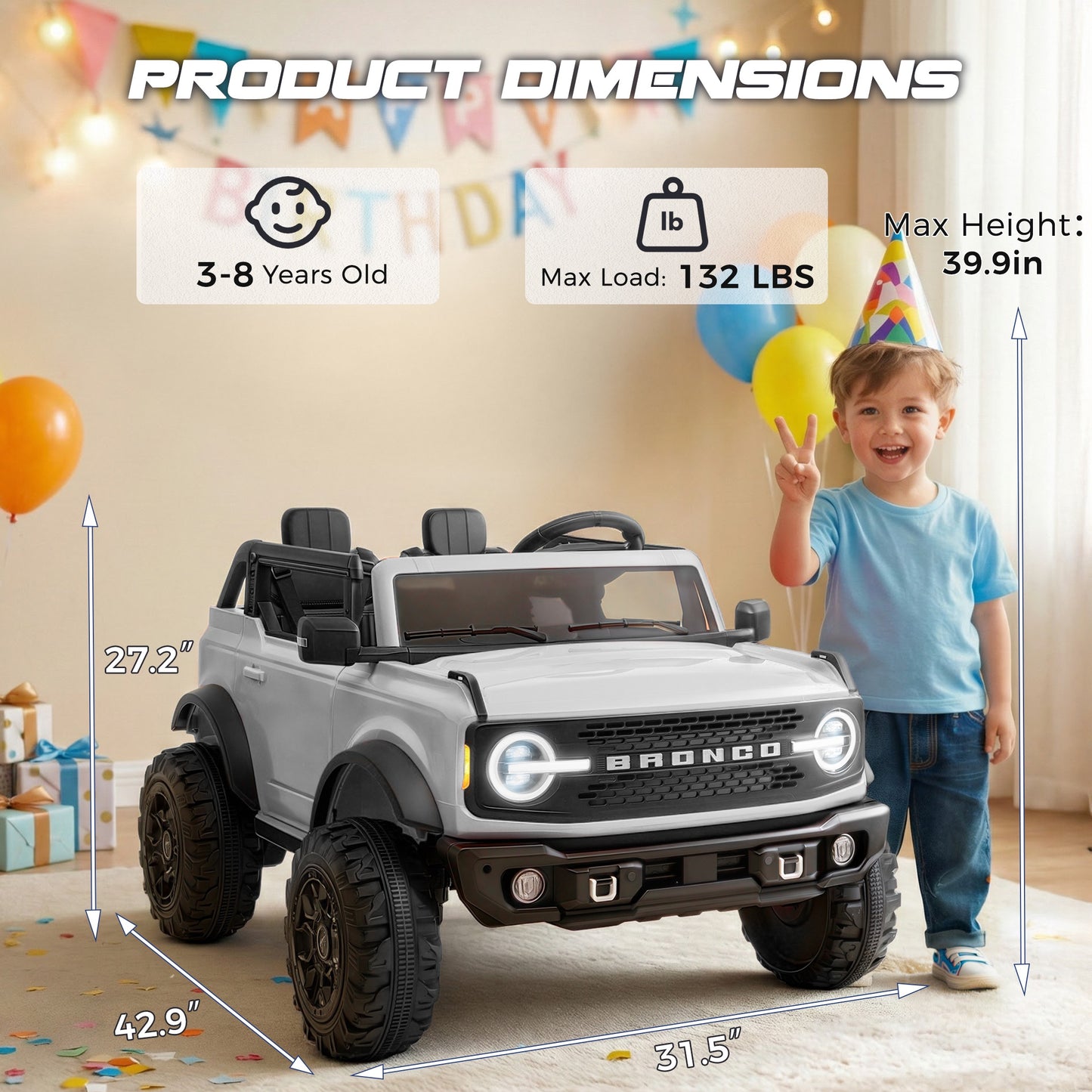 iRerts 2 Seater Ride on Cars, Licensed Ford Bronco Base 24V Ride on Toys for Big Kids Ages 3-8, Powered Kids Car Electric Vehicle with Remote Control, Bluetooth, LED Lights, 4 Wheel Suspension, White
