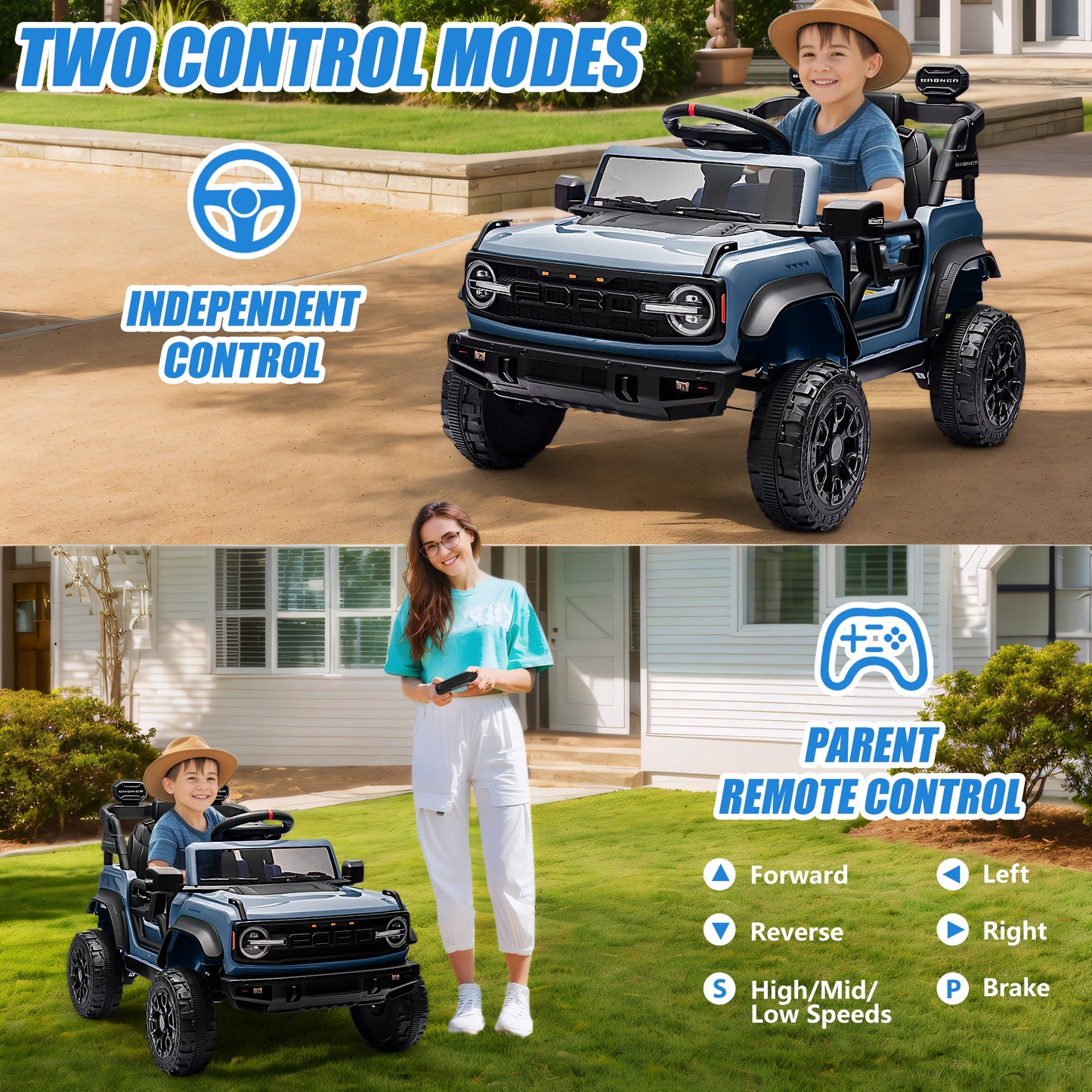 12V Powered Ride on Car, Ford Bronco Raptor Ride on Toys with Remote Control, Battery Powered Ride on Trucks with Bluetooth Music, LED Light, Kids Car Electric Vehicle for Boys Girls Gifts, Blue