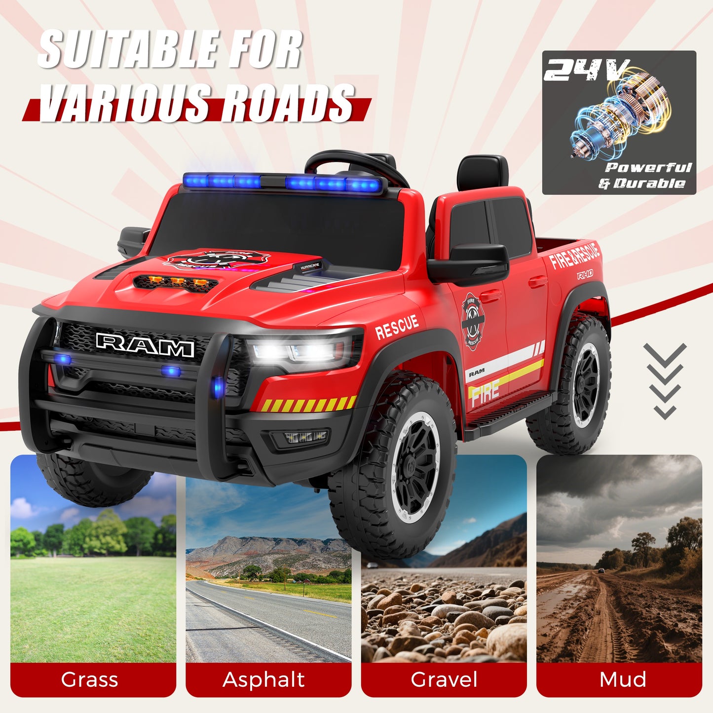 24V Licensed RAM 1500 Ride on Fire Truck for Kids, 2 Seater Ride on Car with Parent Remote Control, Bluetooth, LED Lights, Siren, Rear Storage, 4-Wheel Suspension, Ages 3-8, Red