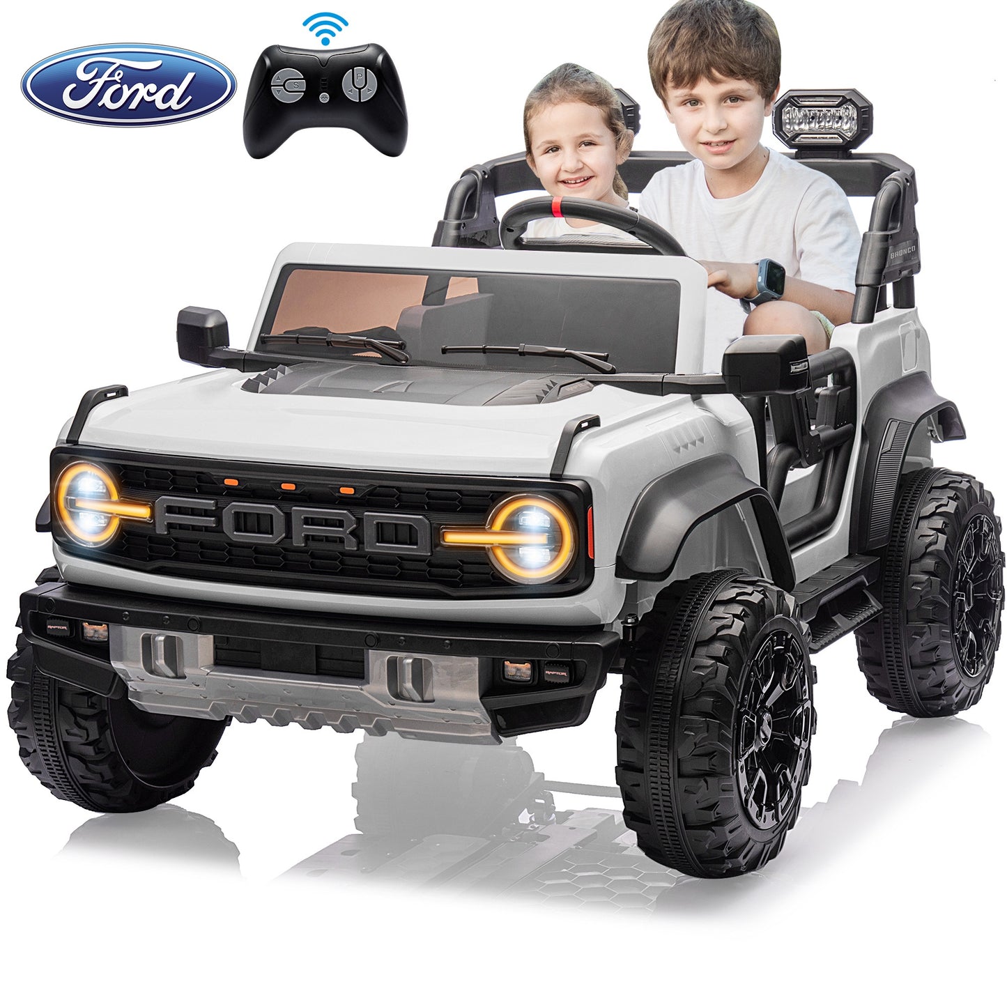 Ford Bronco Raptor 24V Ride on Toys, 2 Seater Ride on Cars with Remote Control, Bluetooth Music, Spring Suspension, Battery Powered Electric Car for Kids Ages 3-8, White