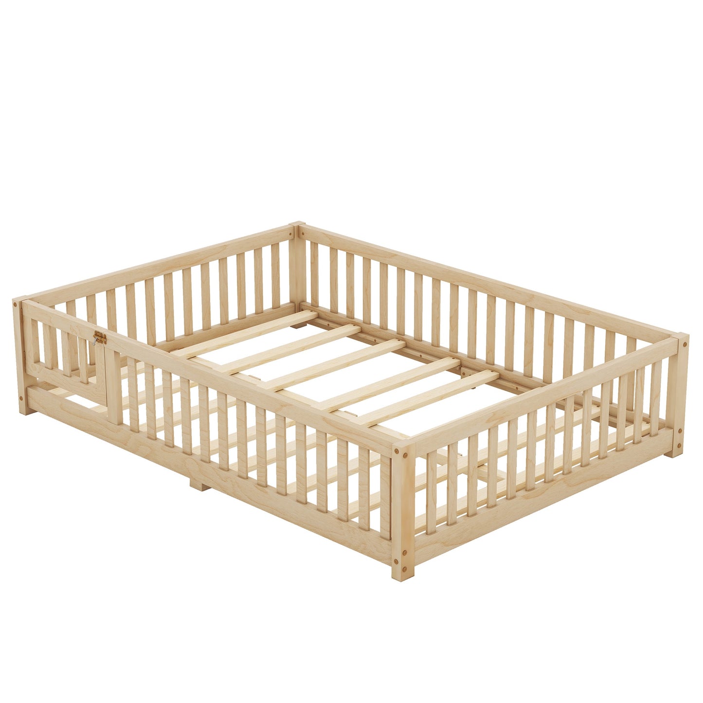 iRerts Full Floor Bed Frame for Toddlers Kids, Wood Full Montessori Bed Frame with Slats, Fence, Door, Kids Montessori Bed Full Size, Full Toddler Bed Frame for Boys Girls, Natural