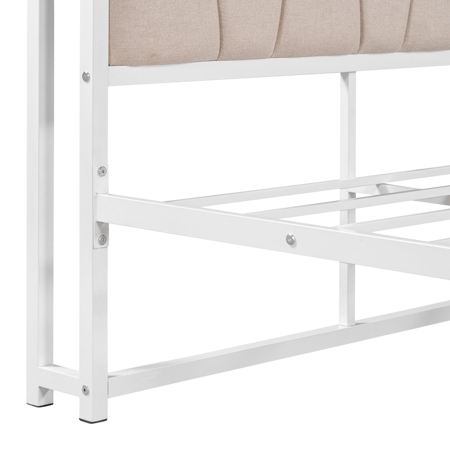 Queen Size Metal Platform Bed Frame with Twin Size Trundle, Queen Size Bed Frame with Upholstered Headboard, USB Ports, Steel Slat Support, Queen Bed Frame No Box Spring Needed for Bedroom, White