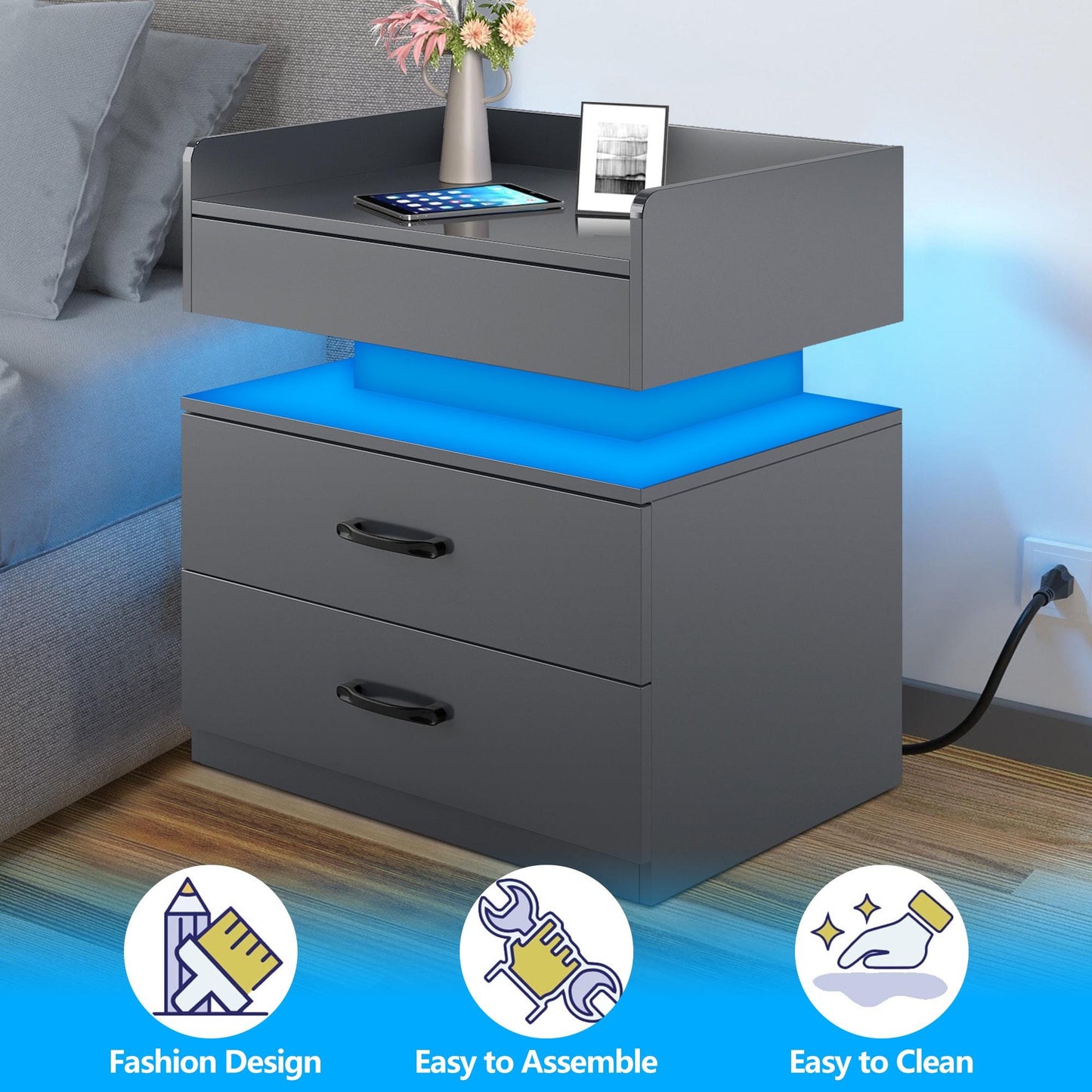 iRerts Bedside Table with Charging Station, Wood High Gloss Nightstand for Bedroom with Plug Outlet, 2 USB Ports, 2 Drawers, 16 LED Lights, Modern Night Stands End Side Table for Bedroom Office, Gray