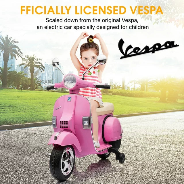 Vespa 12V Ride on Motorcycle, Battery Powered Electric Motorcycle for Kids, Toddler Scooter with Training Wheels, Key Switch, Music, Lights, Ride on Toys for Kids 3-6 Boys Girls, Pink