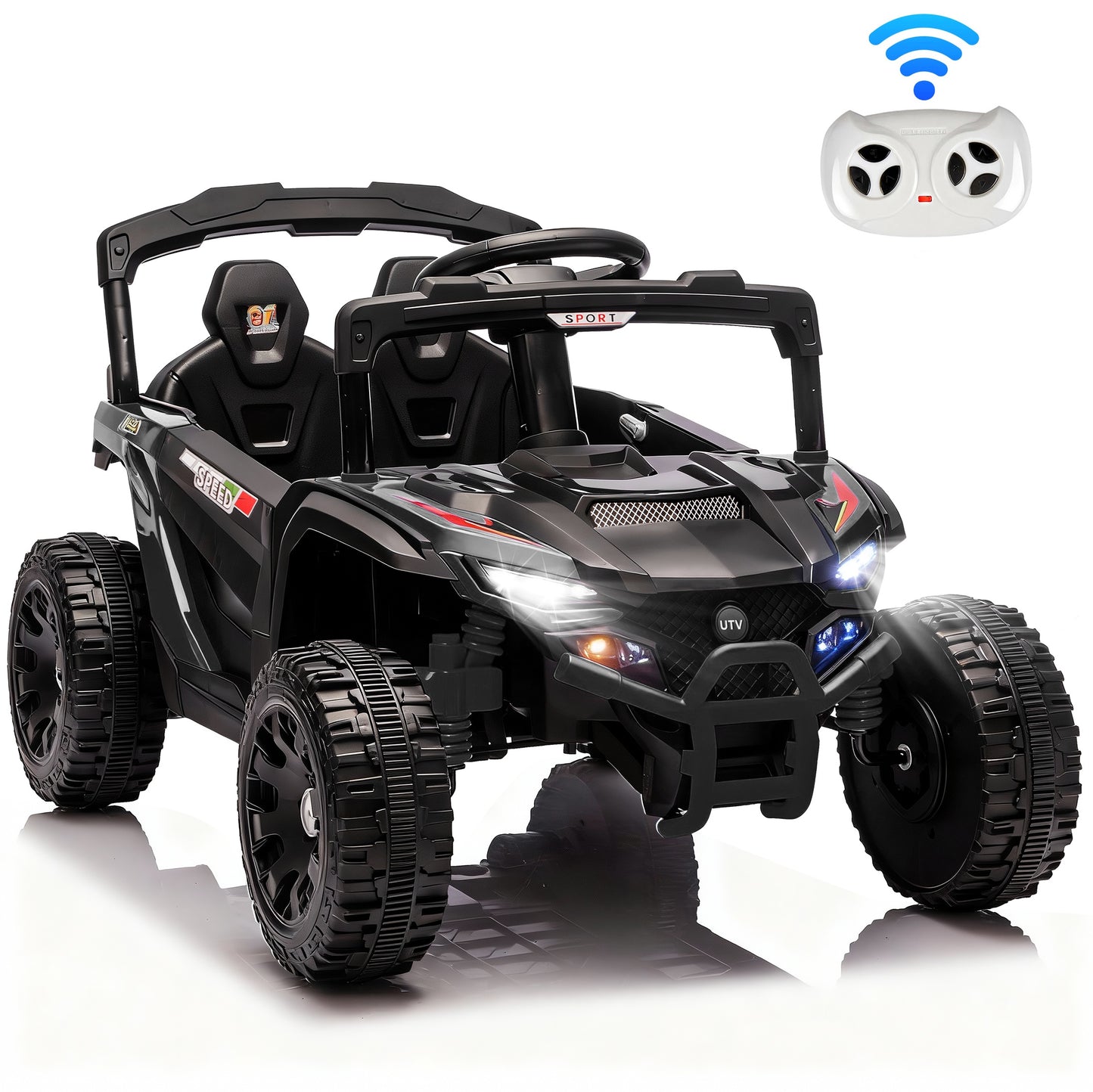 iRerts 24V Powered Ride on Car UTV, Kids Ride on Toys with Remote Control, Bluetooth, Music, 4 Wheels Suspension, LED Light, Kids Cars 4 Wheeler Electric Vehicles for Boys Girls Ages 3-5 Gifts, Black