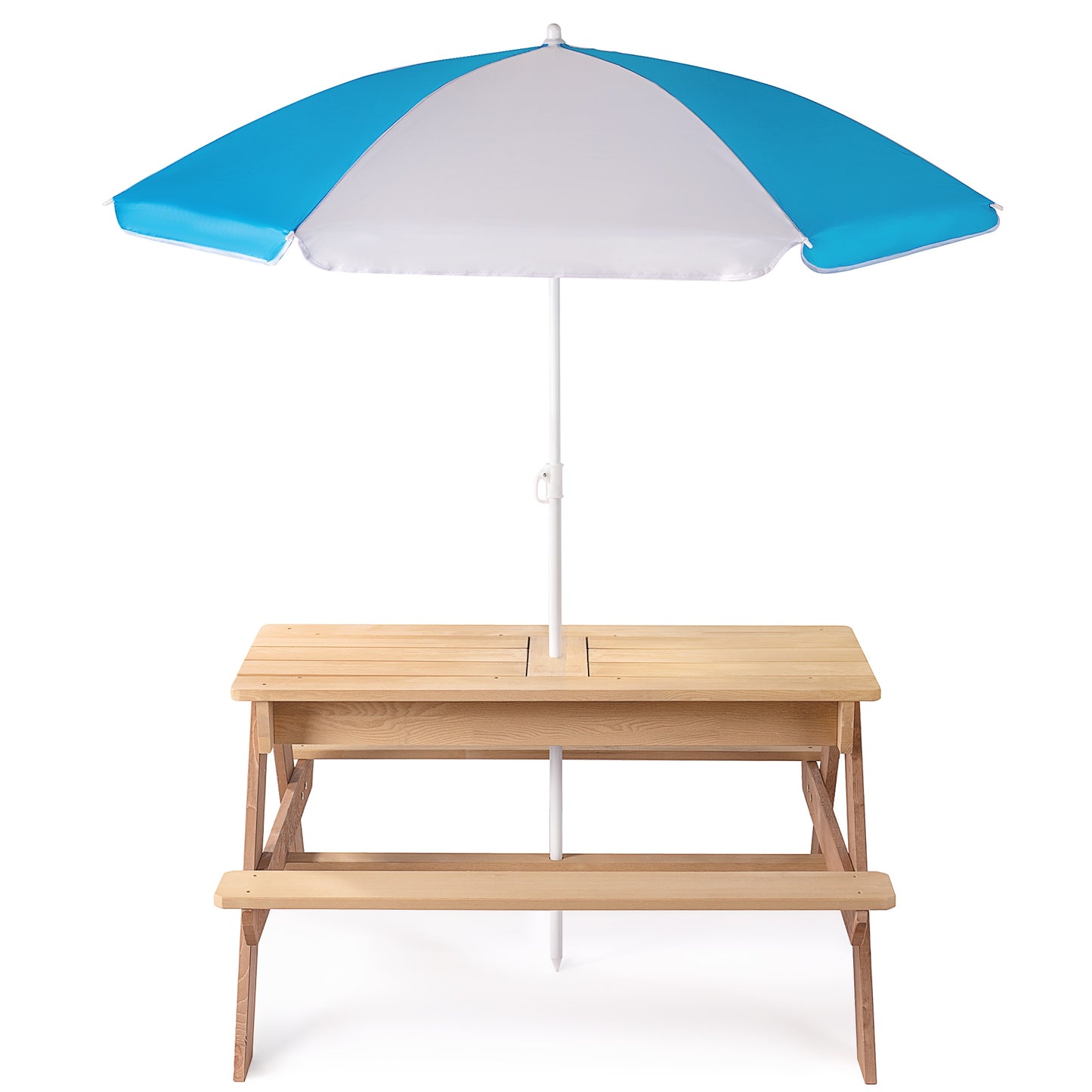 Kids Outdoor Picnic Table Set with Bench, 3 in 1 Sand and Water Activity Table Outdoor Convertible Picnic Table with Umbrella/Removable Tabletop/Play Boxes, Kids Table and Chair Set for Patio, Natural