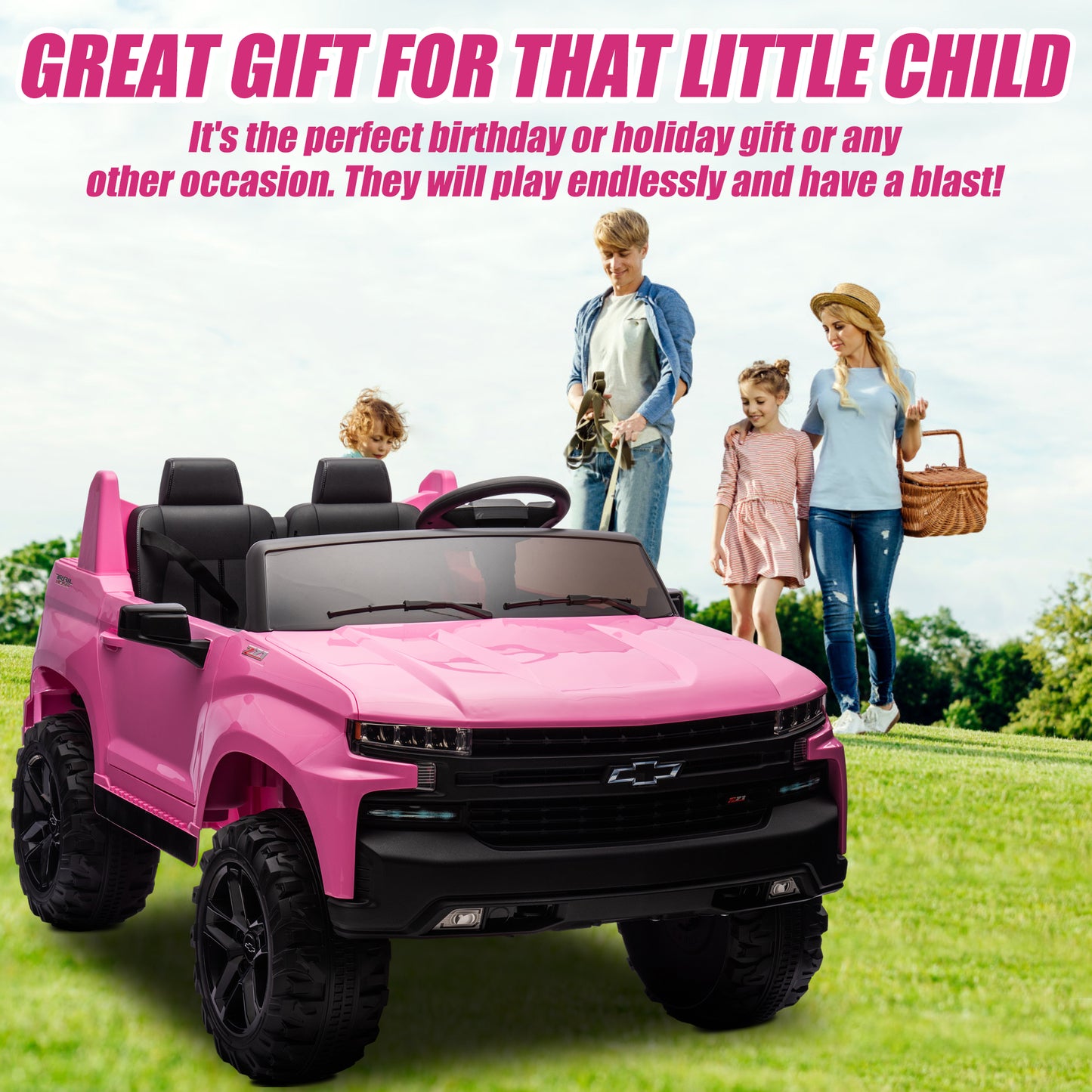 Chevrolet Silverado 24V Ride on Cars with Remote Control, 2 Seater 4 Wheels Kids Electric Cars with Bluetooth, LED Lights, Battery Powered Ride on Truck Toys for Boys Girls Christmas Gifts, Pink