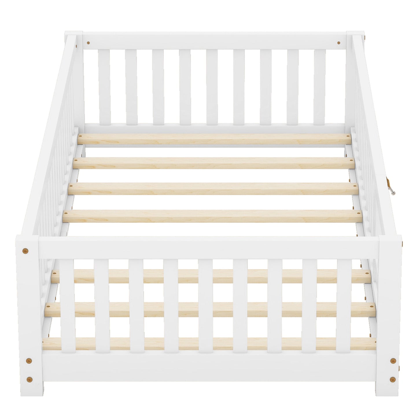 iRerts Twin Floor Bed Frame for Toddlers Kids, Wood Twin Montessori Bed Frame with Slats, Fence, Door, Kids Montessori Bed Twin Size, Twin Toddler Bed Frame for Boys Girls, White