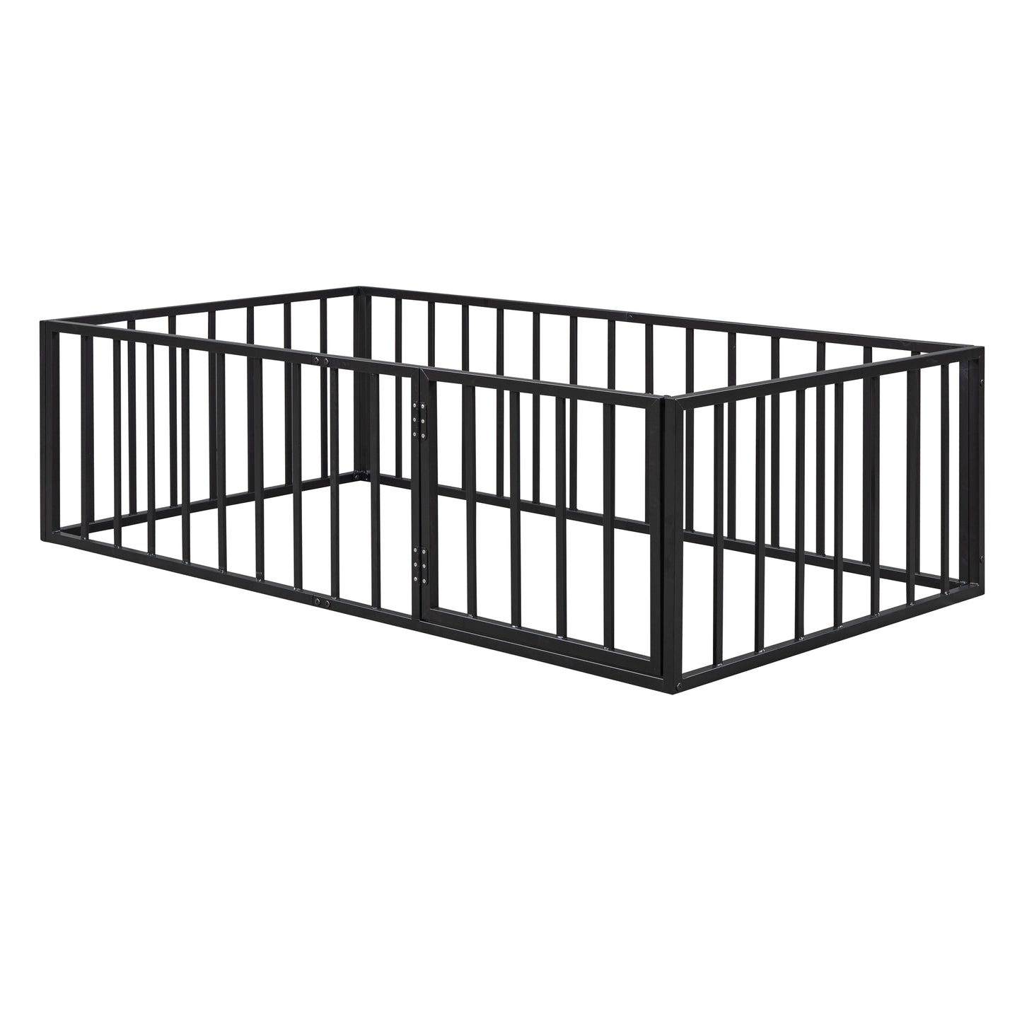 iRerts Twin Floor Bed Frame, Metal Twin Size Montessori Floor Bed Frame with Fence and Door, Kids Toddler Floor Bed Frame Twin Size for Girls Boys, Twin Bed Frame without Bed Slats, Black
