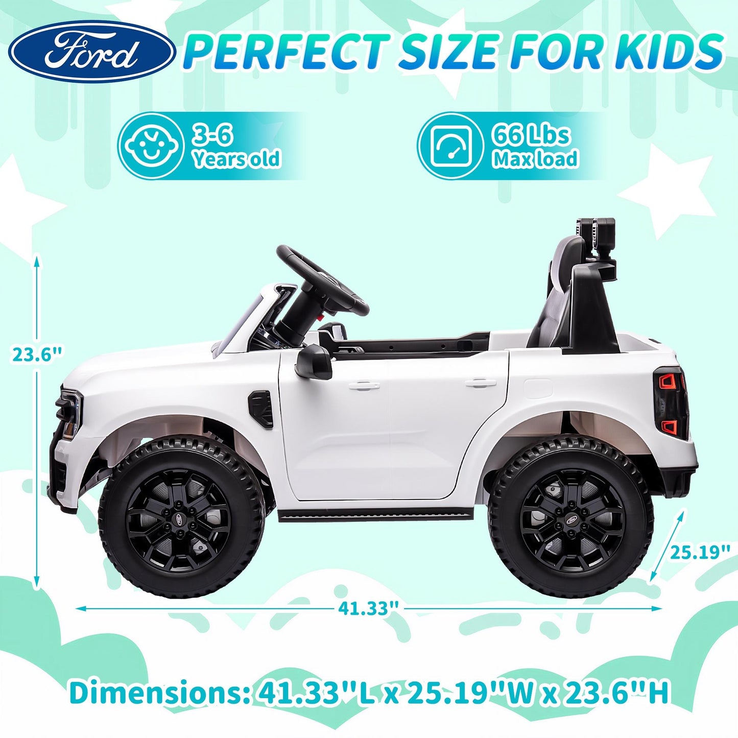 12V Ride on Cars with Remote Control, Ford Ranger Electric Cars for Kids with Bluetooth, Music, USB Port, Horn, LED Lights, Battery Powered Ride on Toys for Kids Boys Girls 3-6 Ages Gifts, White