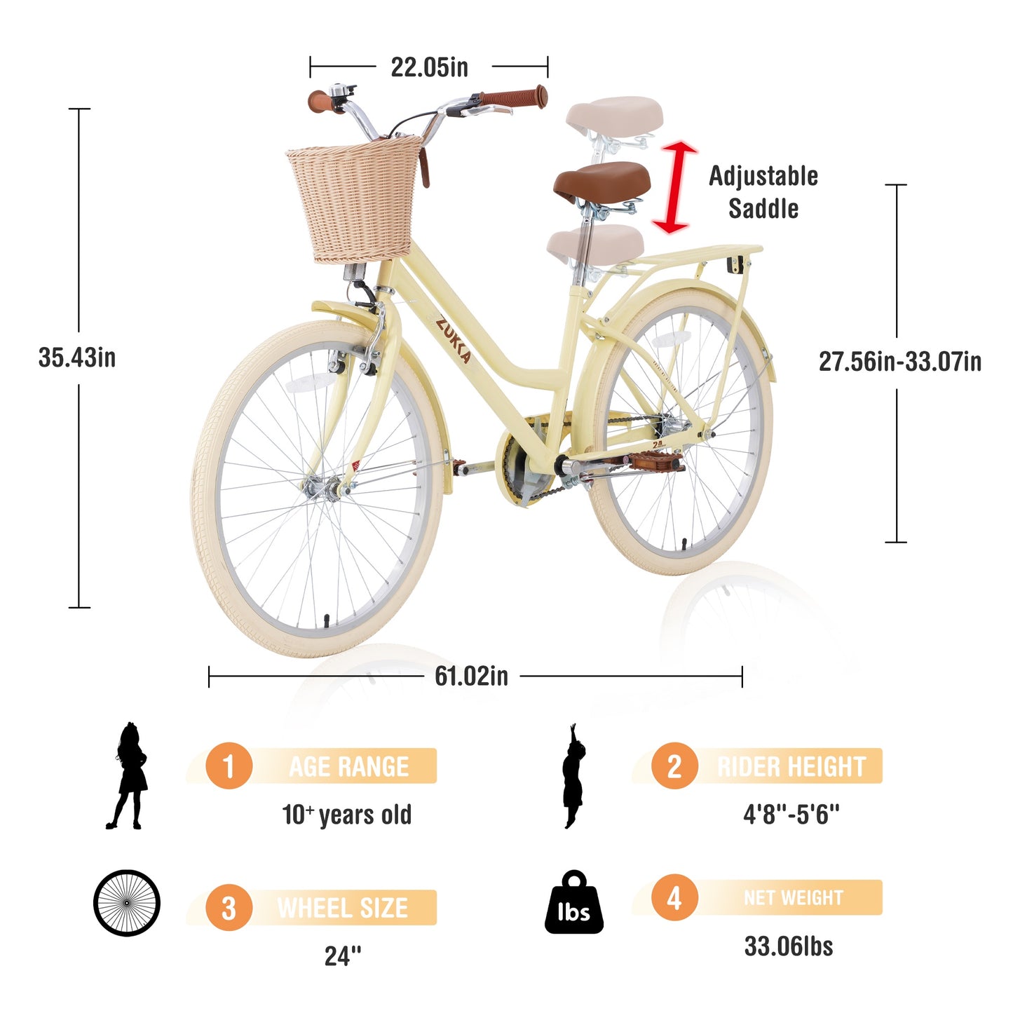 iRerts Girls Bike for 10+ Years Old Kids, 24 Inch Bike with Basket, Brown Leather Saddle, Coaster Brakes, Retro Style Girls Bicycle Cycle Bikes, Women Bicycle for Gifts, Pink