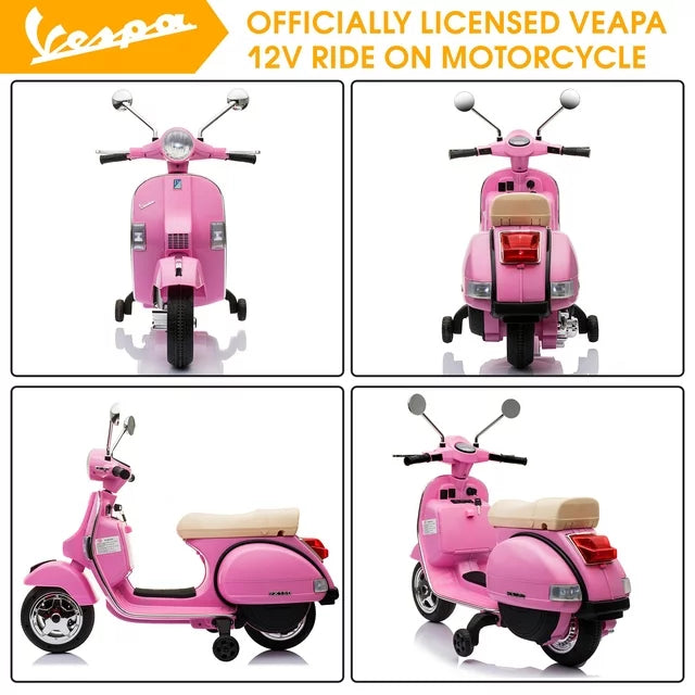 Vespa 12V Ride on Motorcycle, Battery Powered Electric Motorcycle for Kids, Toddler Scooter with Training Wheels, Key Switch, Music, Lights, Ride on Toys for Kids 3-6 Boys Girls, Pink