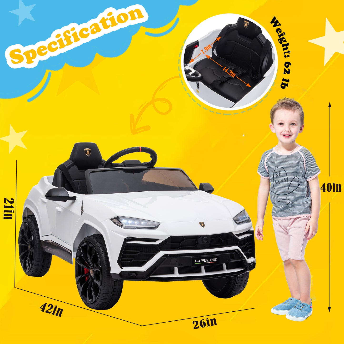 Licensed Lamborghini Ride on Car with Remote Control Kids Ride on Toy for Girls and Boys 12V Powered Electric Vehicles for 3-5 Years Old, USB, Ride on Truck, Headlight