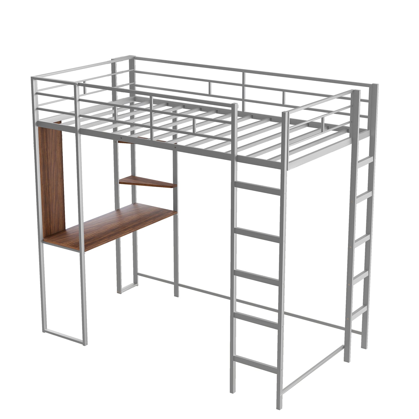 iRerts Twin Loft Bed, Twin Metal Loft Bed with 2 Shelves and 1 Desk, Twin Size Loft Bed with Safety Guardrail, Modern Twin Loft Bed Frame for Dorm Bedroom Guest Room, No Box Spring Needed, Silver