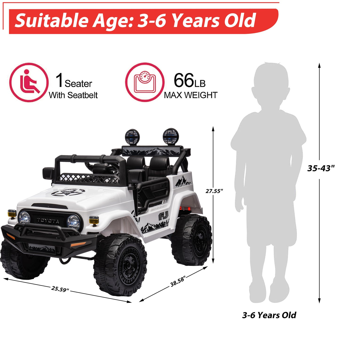 Ride on Toys for Kids, Licensed Toyota FJ Cruiser 12V Kids Ride on Truck Cars with Remote Control, Battery Powered Kids Electric Car Vehicle for Boys Girls Gifts with MP3, Bluetooth, USB, White