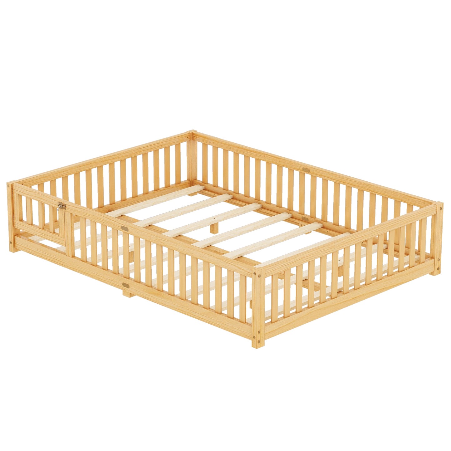 iRerts Queen Floor Bed Frame for Toddlers Kids, Wood Queen Montessori Bed Frame with Slats, Fence, Door, Kids Montessori Bed Queen Size, Queen Toddler Bed Frame for Boys Girls, Natural