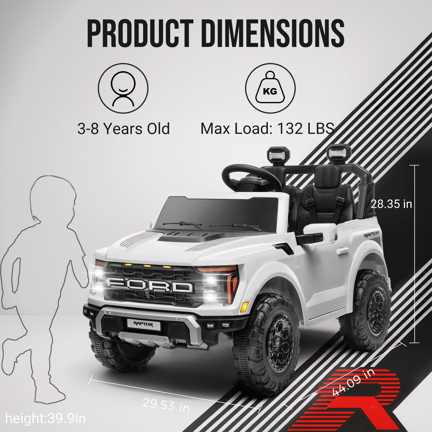 iRerts 24V Ride on Toys for Big Kids, Licensed Ford F 150 Raptor 2 Seater Ride on Cars with Remote Control, Bluetooth, FM Radio, LED Lights, 4 Wheels Suspension, Electric Car for Kids Ages 3-8, White