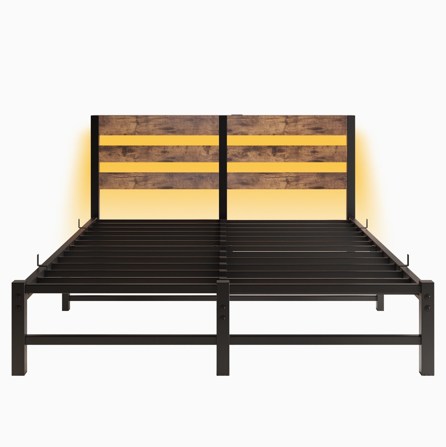 iRerts Queen Bed Frame with Headboard, Metal Platform Bed Frame Queen Size with USB Charging Station, LED Lights, Steel Slats, LED Bed Frame No Box Spring Needed for Bedroom Furniture, Brown