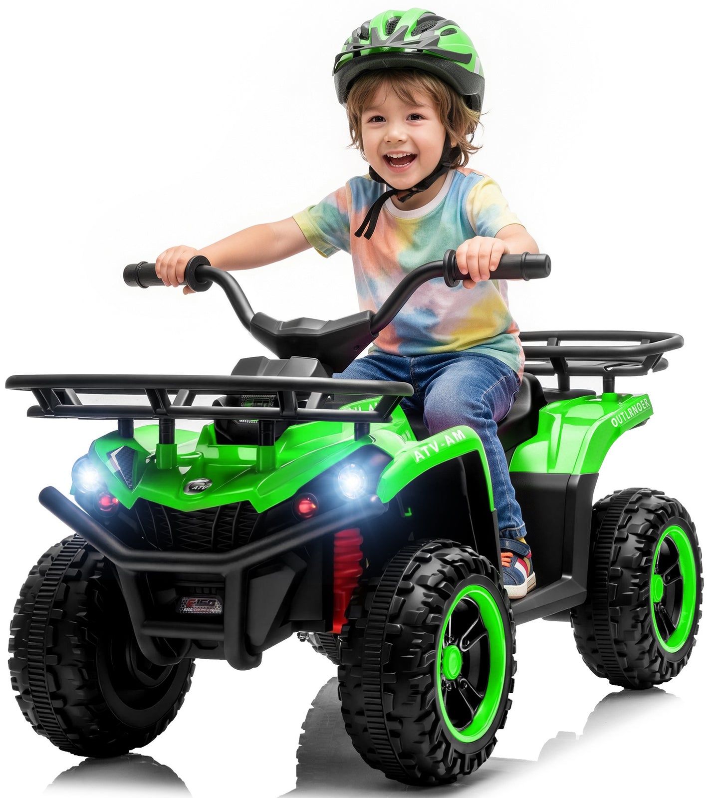 iRerts 24V Ride on ATV, Powered Ride on Toys for Kids Boys Girls Ages 3-5, Kids 4 Wheeler Electric Cars with Bluetooth, Music, LED Headlights, Front Rear Storage Racks, Crash Bars, Green