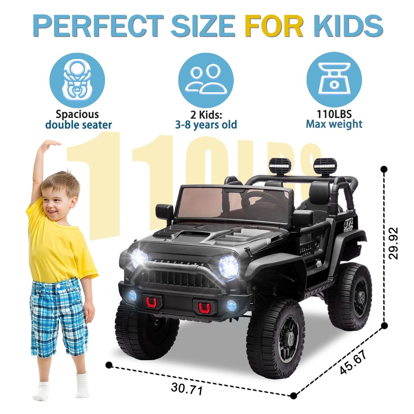 iRerts 24V 2 Seater Ride on Car, Powered Ride on Toys for Bid Kids Boys Girls Gifts, Kids Car Electric Vehicle with Remote Control, Music, Bluetooth, LED Light, USB/MP3 Port, 4 Wheel Suspension, Black