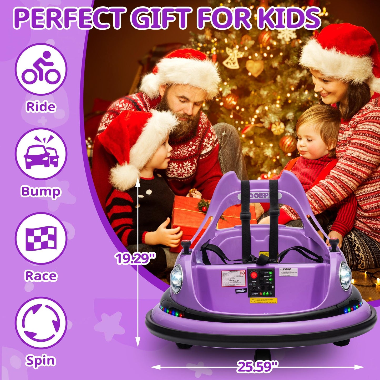 iRerts 12V Bumper Cars for Kids, Bumper Car Ride on with Remote Control, Battery Powered Kids Ride on Toys for 2-5 Year Old Boys Girls, Kids Electric Cars with Bluetooth, Music, LED Light, Purple