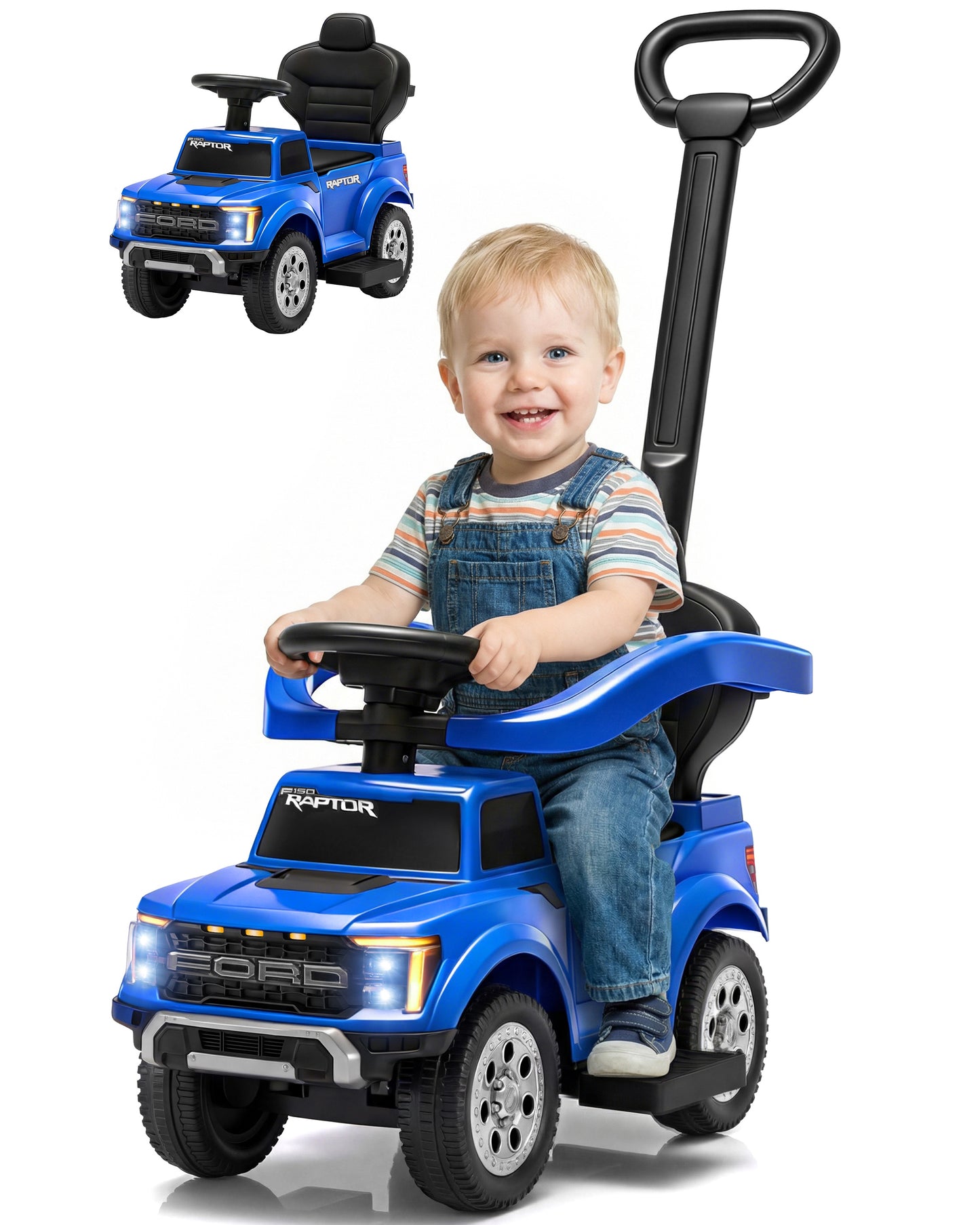Push Car for Toddlers 1-3, Licensed Ford F-150 3-in-1 Kids Ride on Toy with Parent Push Handle, Foot to Floor Sliding Car with Horn & Lights, Under Seat Storage, Blue