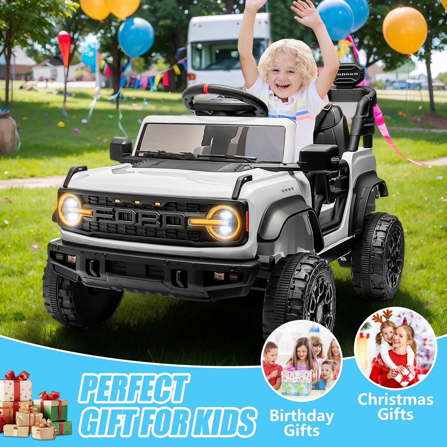 12V Powered Ride on Car, Ford Bronco Raptor Ride on Toys with Remote Control, Battery Powered Ride on Trucks with Bluetooth Music, LED Light, Kids Car Electric Vehicle for Boys Girls Gifts, White