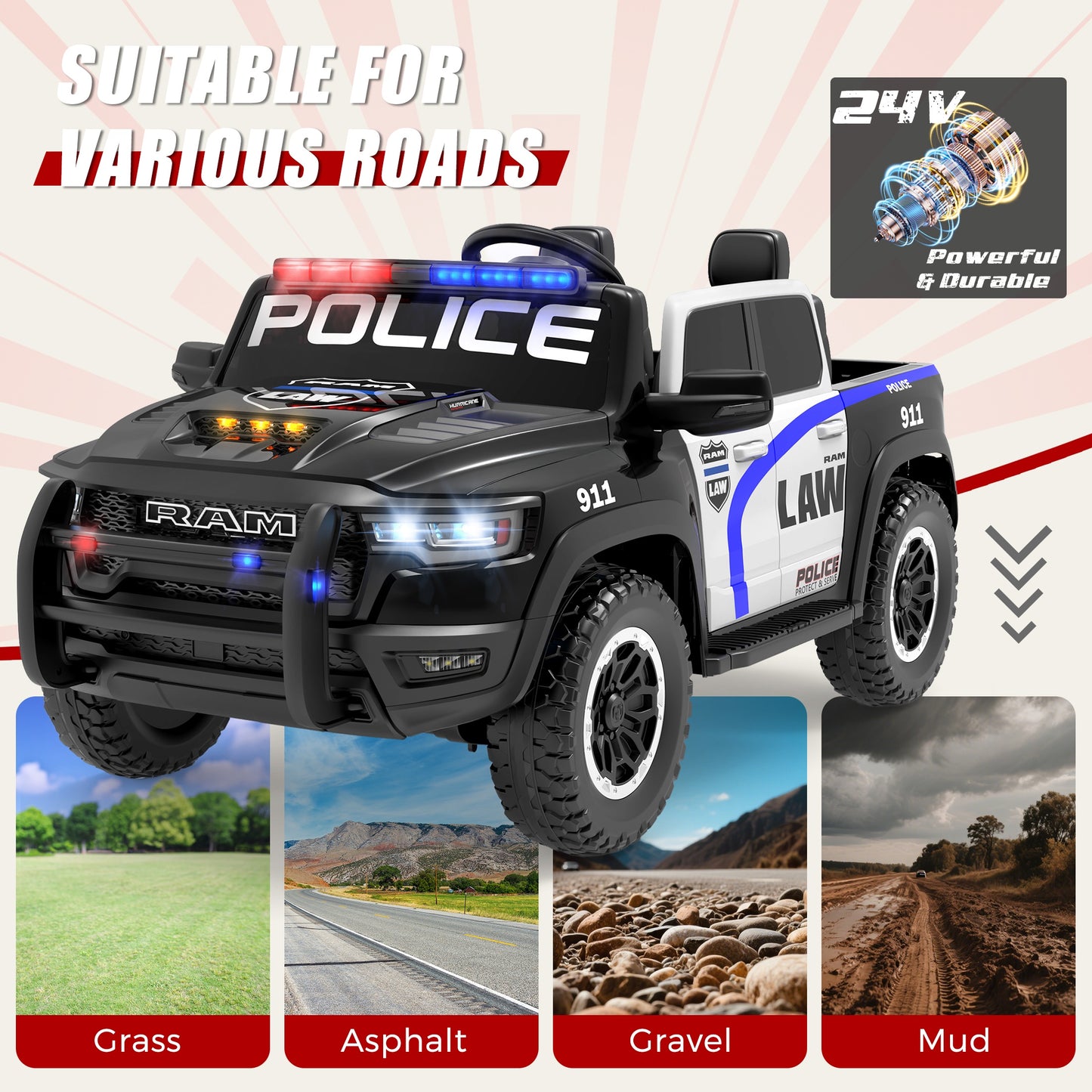 24V Licensed RAM 1500 Ride on Police Car for Kids, 2 Seater Ride on Car with Parent Remote Control, Bluetooth, LED Lights, Siren, Rear Storage, 4-Wheel Suspension, Ages 3-8, Black