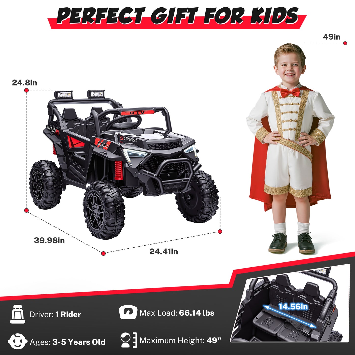 iRerts 24V Powered Ride on Toys, Electric Ride on UTV with Remote Control, Four-Wheel Suspension, LED Lights, Bluetooth Music, Ride on Cars Vehicle for Kids Ages 3-6, Black