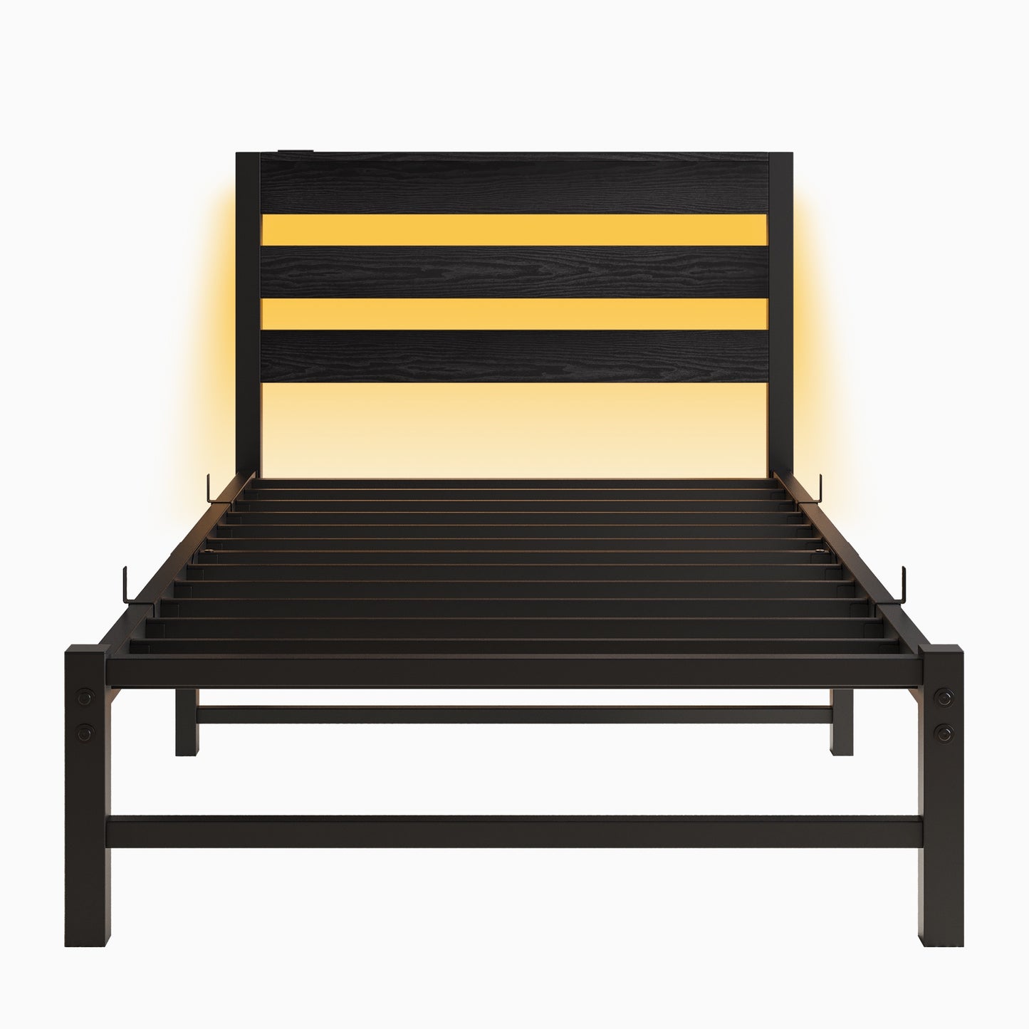 iRerts Twin Bed Frame with Headboard, Metal Platform Bed Frame Twin Size with USB Charging Station, LED Lights, Steel Slats, LED Bed Frame No Box Spring Needed for Bedroom Furniture, Black