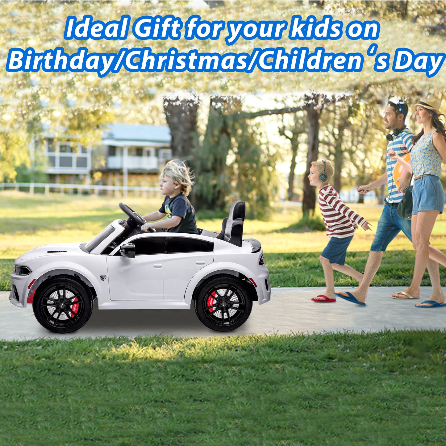 iRerts 12V White Dodge Charger Ride On Cars with Remote Control, Kids Ride on Toys with Bluetooth, Music, LED Light, USB, MP3, 4 Wheel Suspension, Electric Cars for Kids Boys Girls Birthday Gifts
