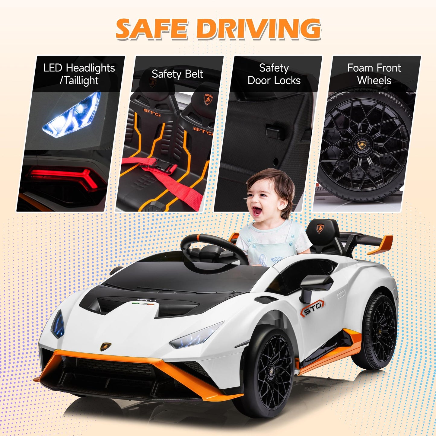 iRerts White 24V Lamborghini Ride on Cars with Remote Control, Battery Powered Kids Ride on Toys for Boys Girls 3-8 Ages, 4 Wheels Electric Cars for Kids with Bluetooth/Music/USB Port/LED Lights
