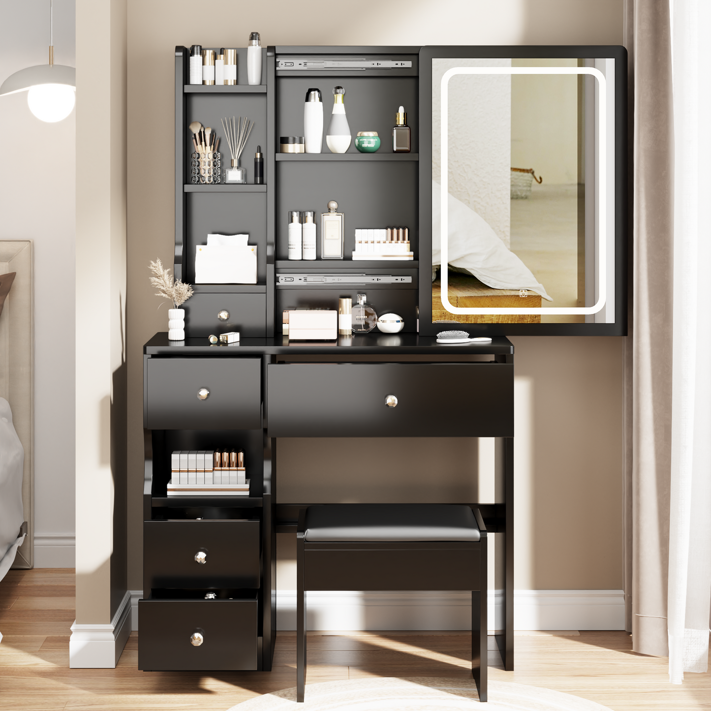 iRerts Vanity Desk with Chair, Makeup Vanity Set with LED Mirror, 3 Lighting Modes Brightness Adjustable, Shelf and Drawers, Makeup Vanity Desk Dressing Table Set for Bedroom Small Space, Black