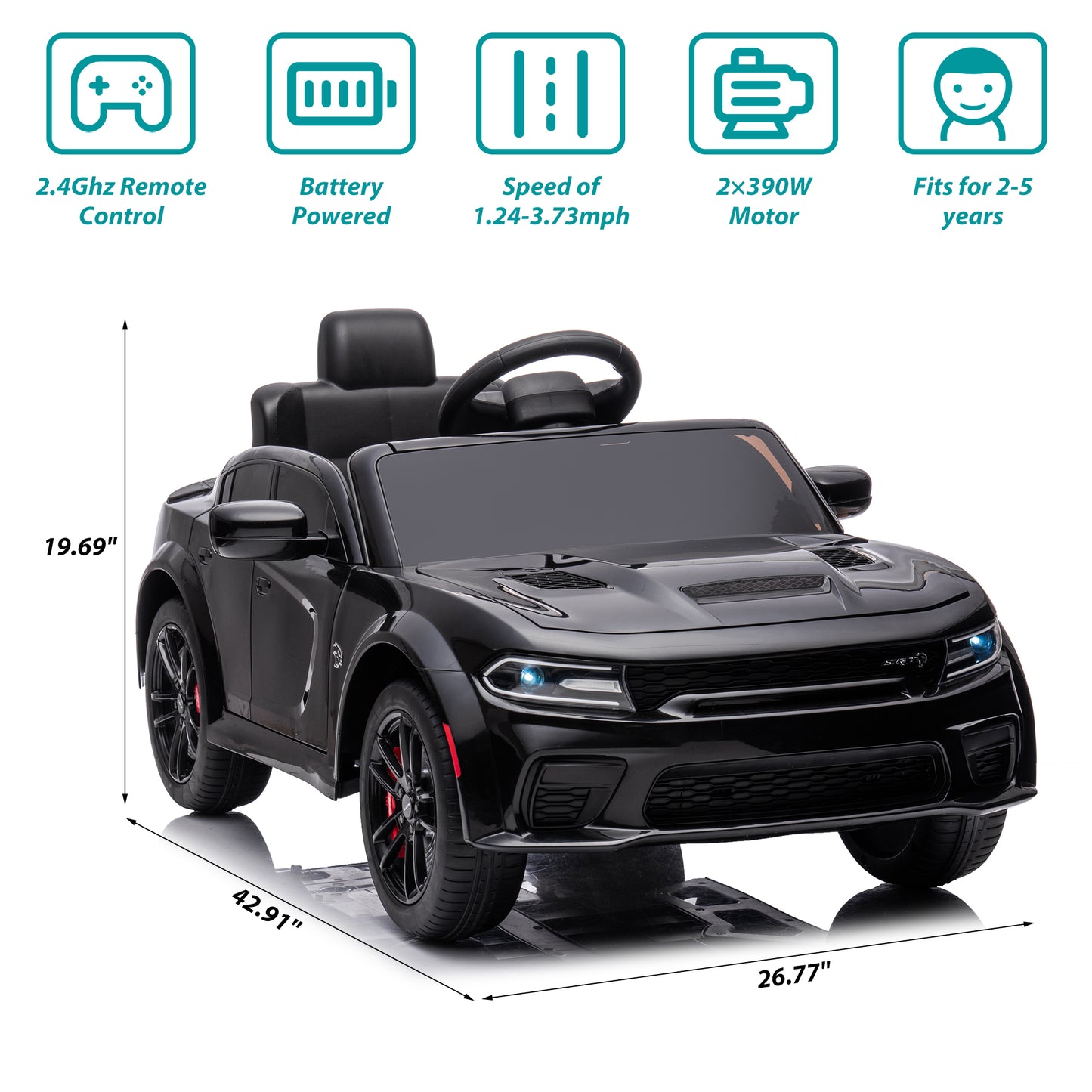 Dodge Charger 12V Ride On Cars with Remote Control, Ride On Vehicles for Kids with LED Light, Bluetooth, USB, MP3, Battery Powered Ride on Toys for Boys Girls 3-5 Years Old Birthday Gifts, Black