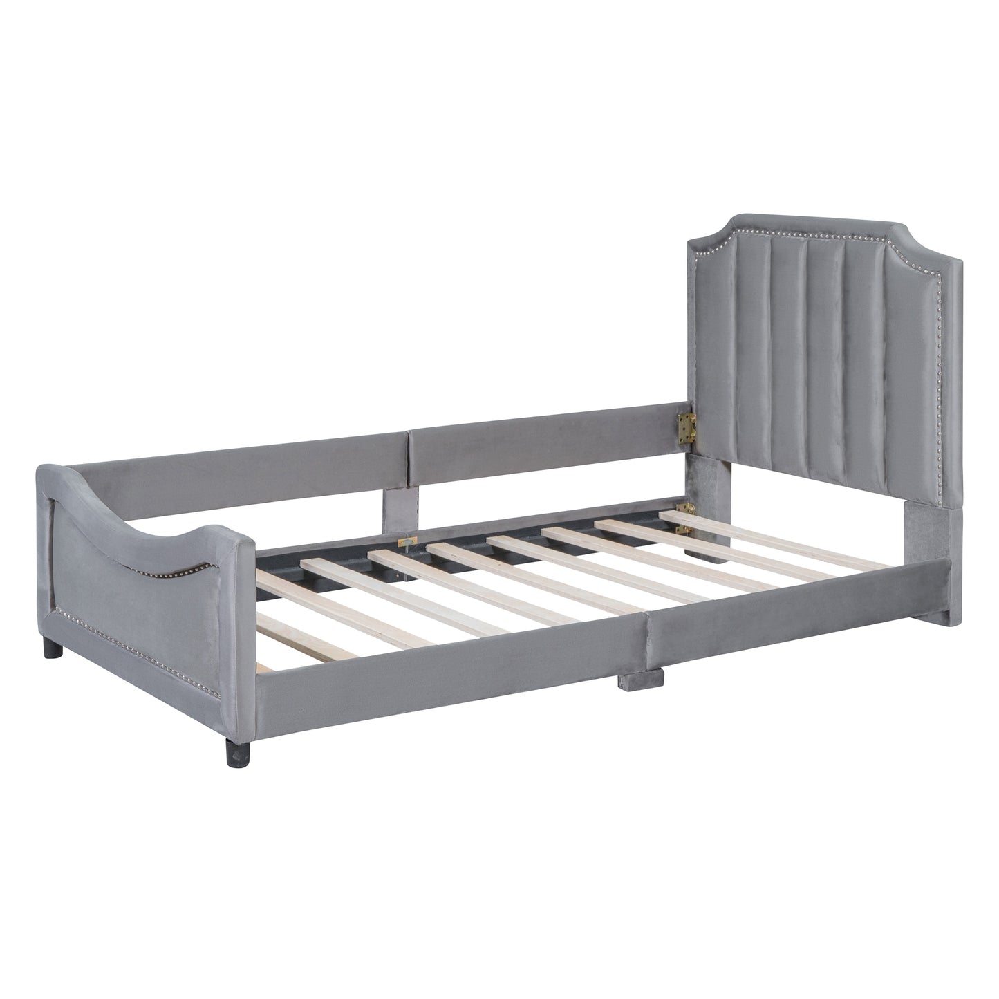 iRerts Upholstered Twin Platform Bed Frame, Velvet Twin Daybed Frame with Classic Stripe Shaped Headboard and Footboard, Wood Twin Size Sofa Bed for Kids Girls Boys, No Box Spring Needed, Gray