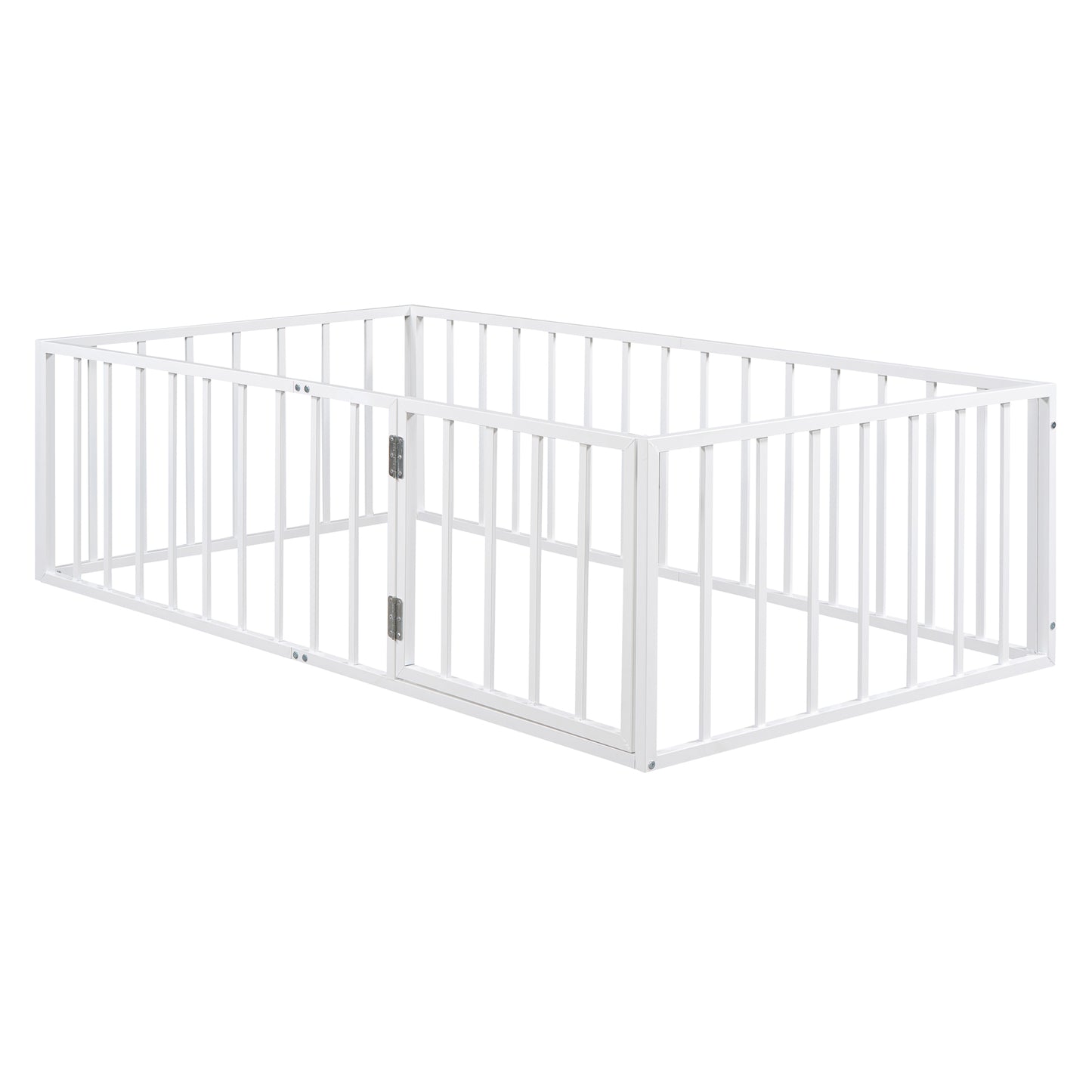 iRerts Twin Floor Bed Frame, Metal Twin Size Montessori Floor Bed Frame with Fence and Door, Kids Toddler Floor Bed Frame Twin Size for Girls Boys, Twin Bed Frame without Bed Slats, White