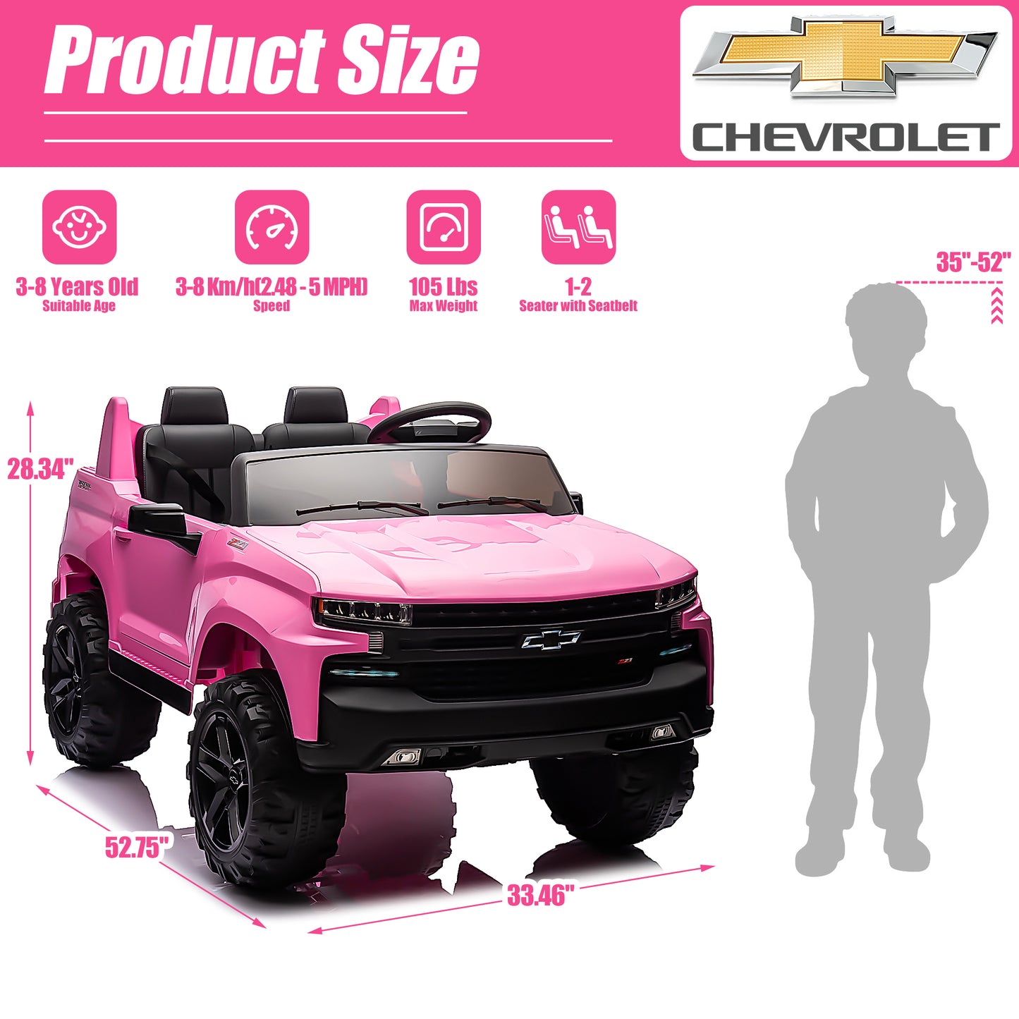 2 Seater 24V Ride on Cars with Remote Control, Licensed Chevrolet Silverado Kids Ride on Truck for Boys Girls Birthday Christmas Gifts, Battery Powered Kids Electric Cars with LED Lights, Music, Pink