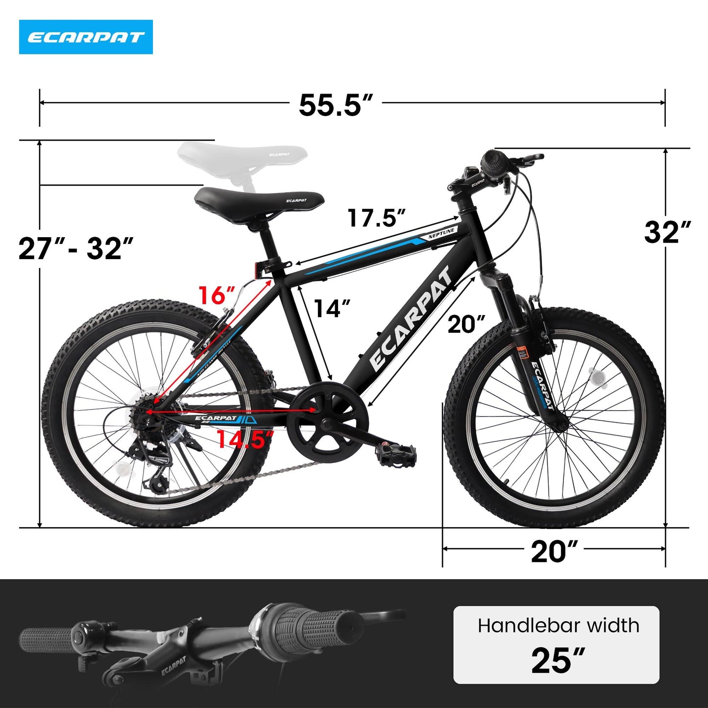 iRerts 20" Kids Bike for 8-12 Year Olds Boys Girls, Gears Shimano 7 Speed Mountain Bike for Kids, Children Bicycle with Adjustable Seat Saddle, Steel Frame Girls Boys Sports Bikes with V-Brake, Black