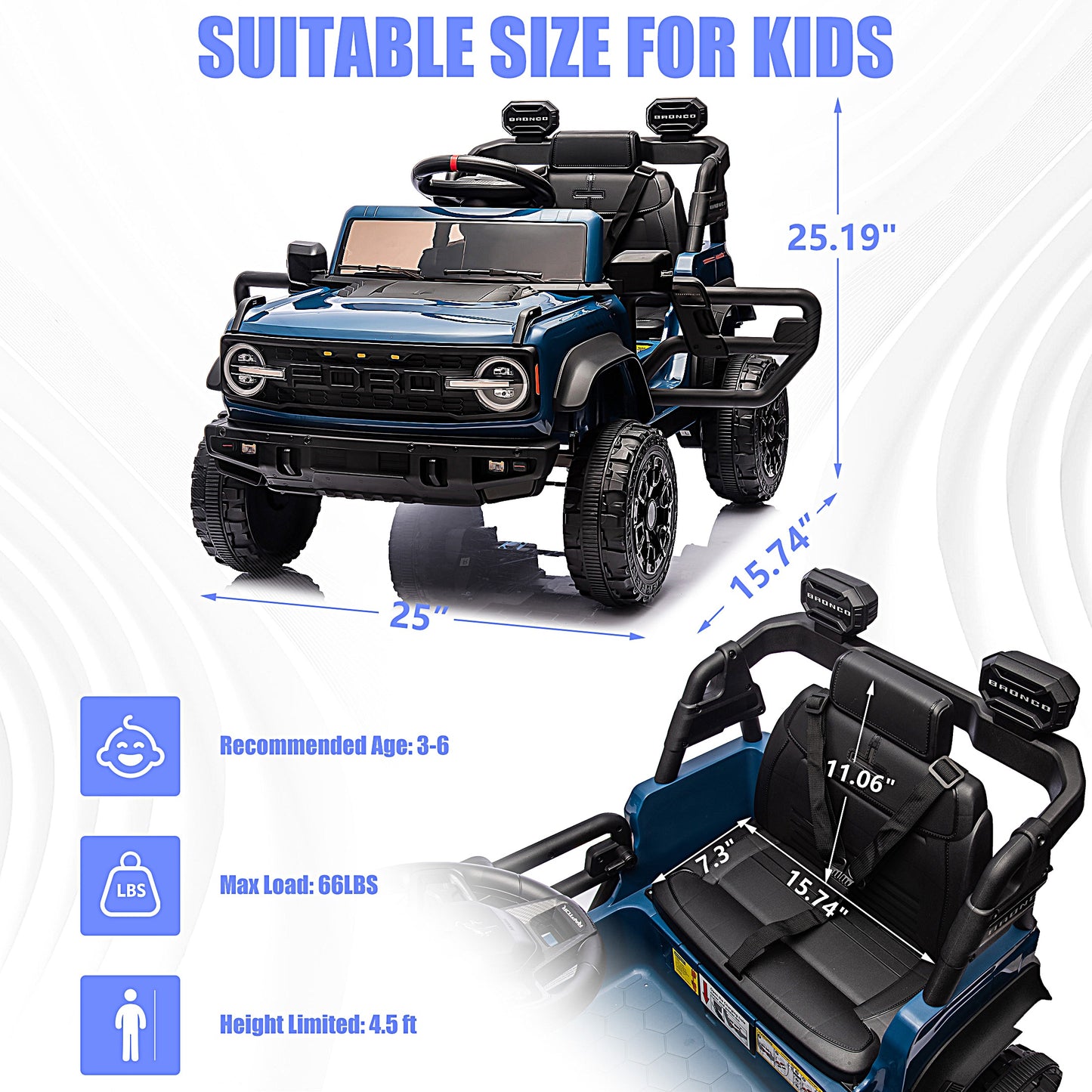 iRerts 12V Ride on Cars, Licensed Ford Bronco Raptor Toddlers Ride on Toys with Parental Remote Control, Bluetooth, FM Radio, LED Lights, Electric Car for Kids Boys Girls Ages 3-6,Blue