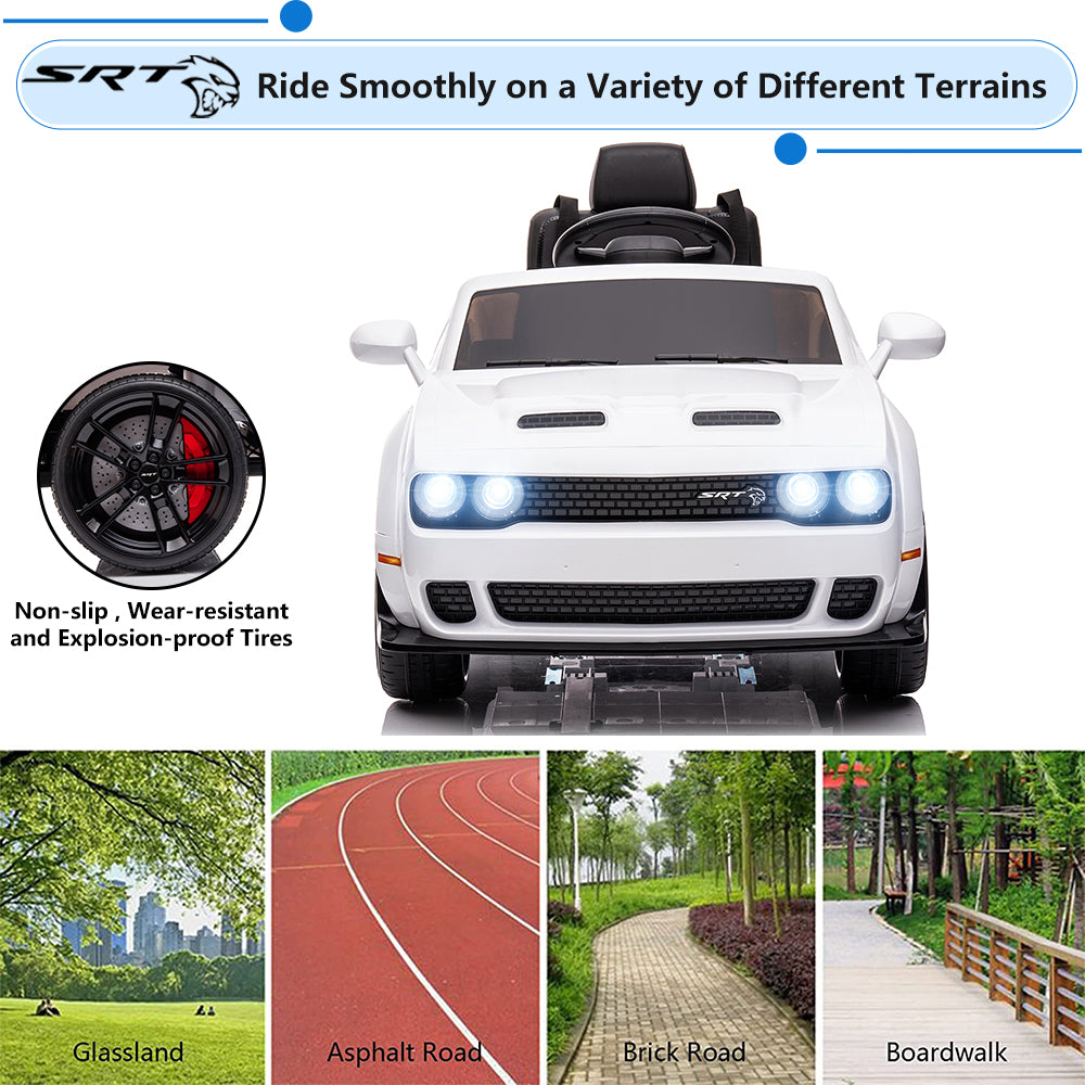 Kids Electric Car, Licensed Dodge Challenger 12V Ride On Cars with Remote Control, Kids Ride on Toys with Bluetooth, LED Light, USB, MP3, Kids Electric Vehicles for Boys Girls Birthday Gifts, White