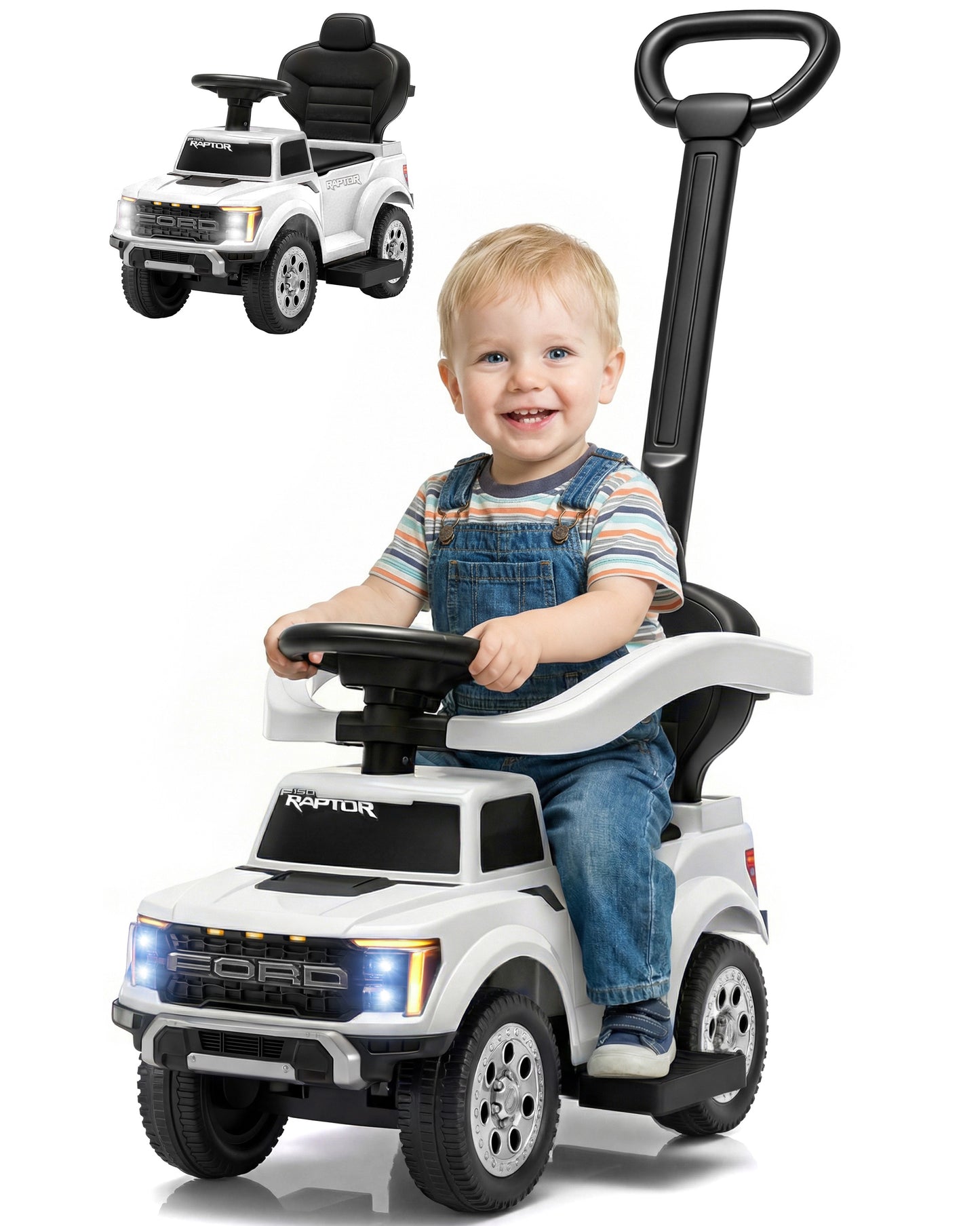 Push Car for Toddlers 1-3, Licensed Ford F-150 3-in-1 Kids Ride on Toy with Parent Push Handle, Foot to Floor Sliding Car with Horn & Lights, Under Seat Storage, White