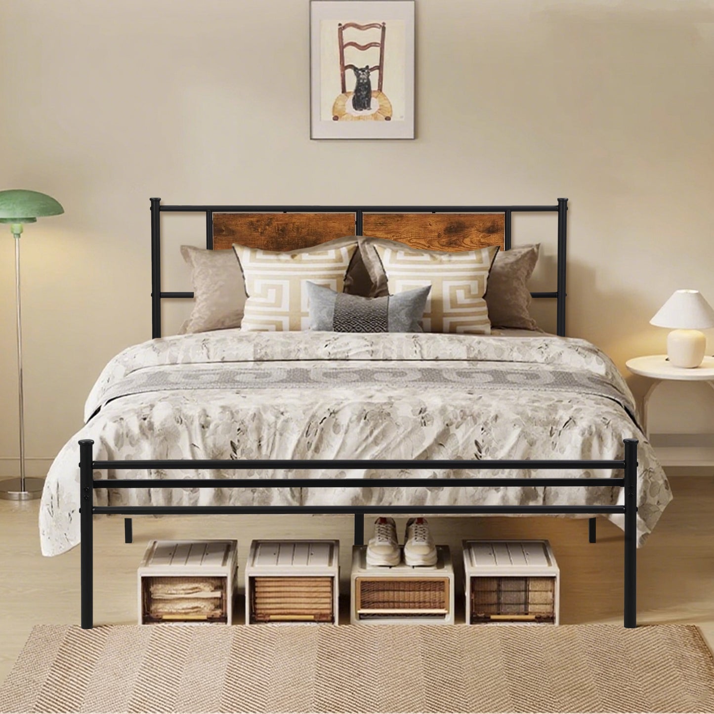 Bed Frame with Headboard, Metal Platform Bed Frames with 14.02" Storage for Adults Teens, Industrial Rustic Bed Frame Bedroom Furniture, No Box Spring Needed, Black
