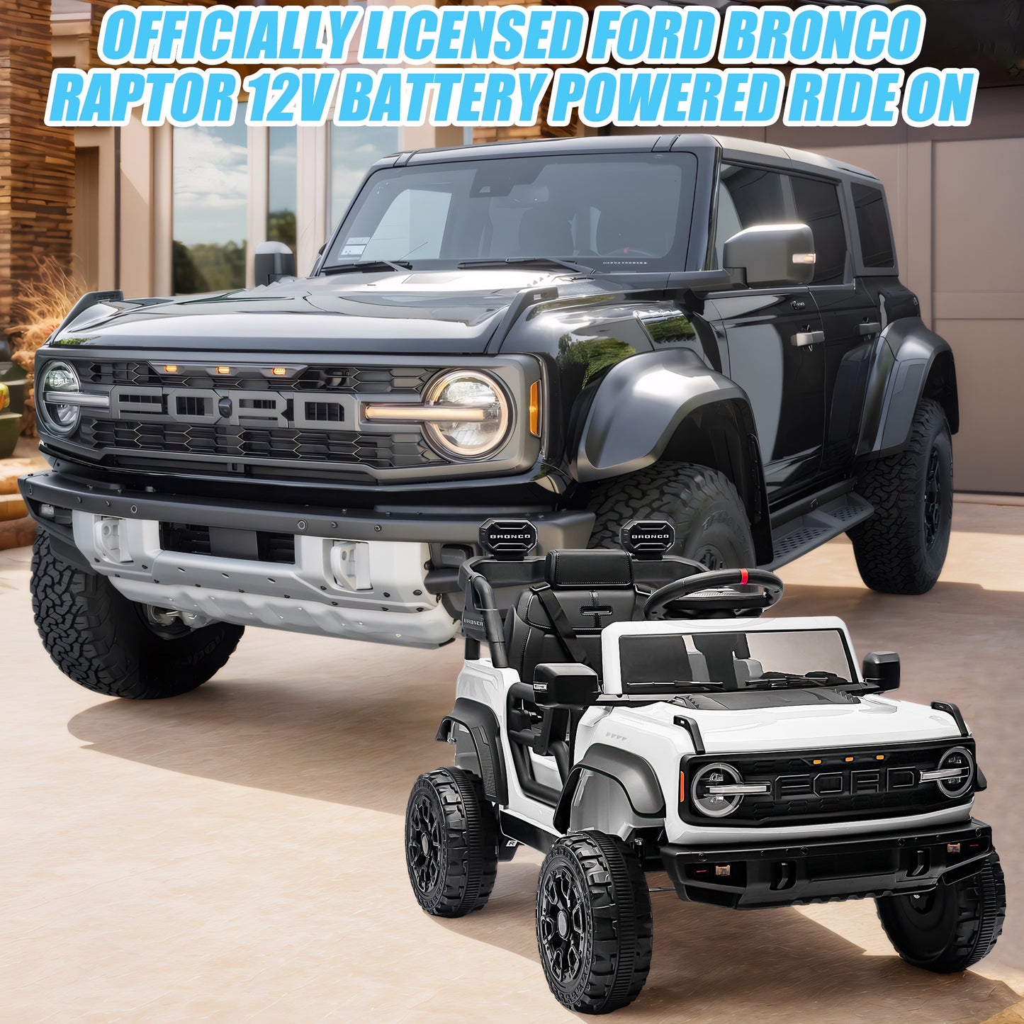 12V Powered Ride on Car, Ford Bronco Raptor Ride on Toys with Remote Control, Battery Powered Ride on Trucks with Bluetooth Music, LED Light, Kids Car Electric Vehicle for Boys Girls Gifts, White