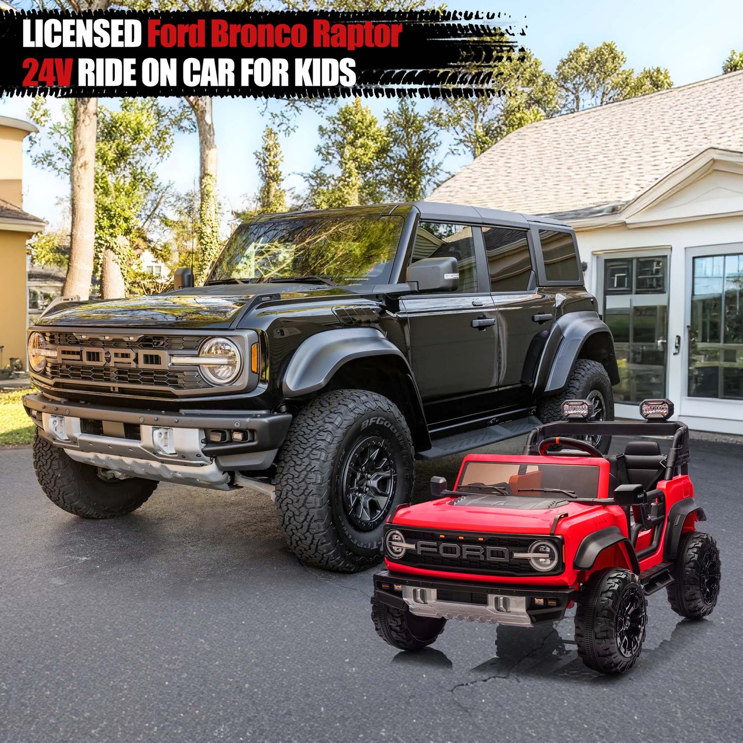Ford Bronco Raptor 24V Ride on Toys, 2 Seater Ride on Cars with Remote Control, Bluetooth Music, Spring Suspension, Battery Powered Electric Car for Kids Ages 3-8, Red