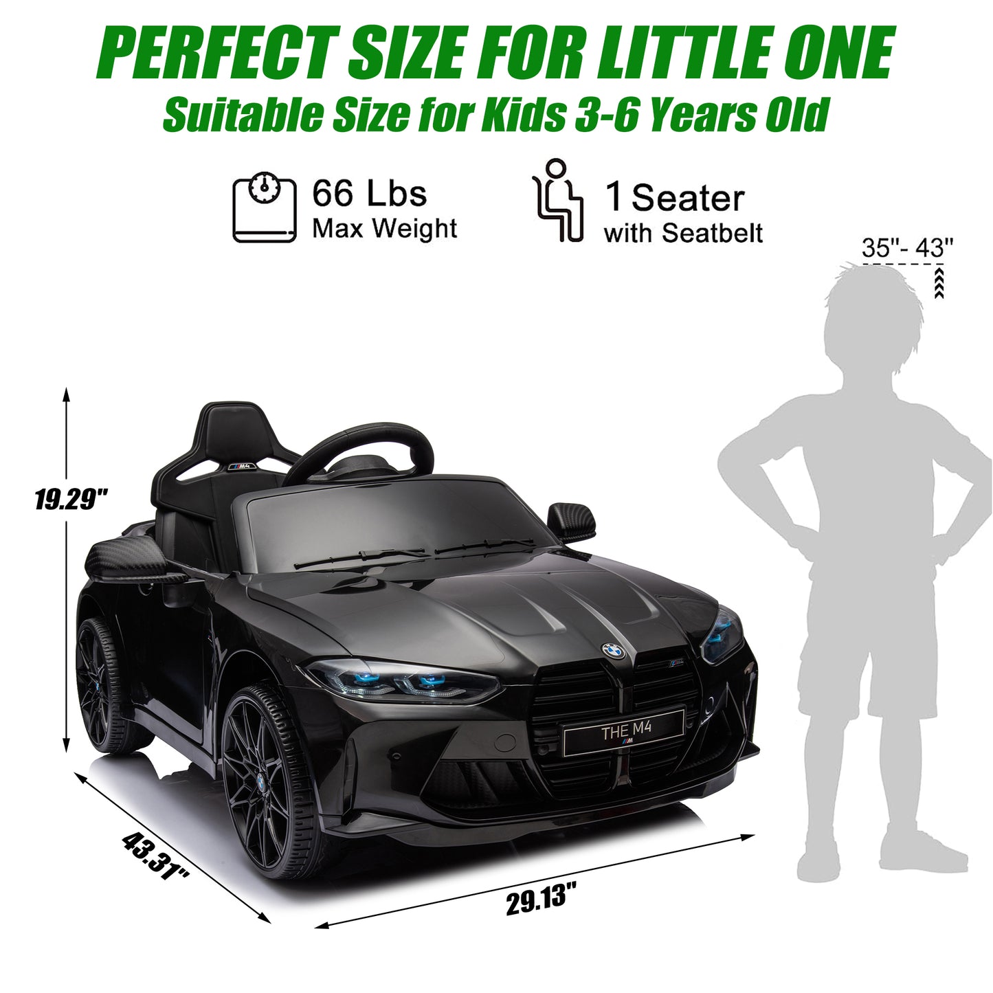 BMW M4 White 12V Ride On Cars with Remote Control, Battery Powered Ride on Toys with Music, Bluetooth, Story, USB/MP3 Port, LED Light, Kids Electric Vehicle for Boys Girls with Wheels, Easy to Carry