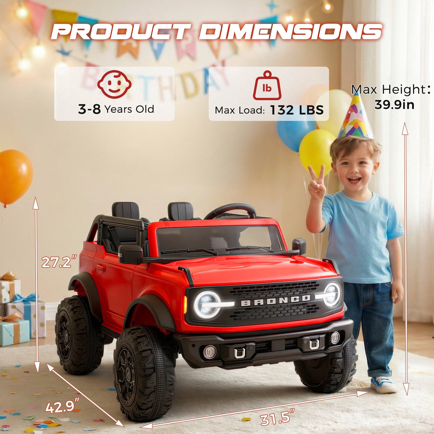 iRerts 2 Seater Ride on Cars, Licensed Ford Bronco Base 24V Ride on Toys for Big Kids Ages 3-8, Powered Kids Car Electric Vehicle with Remote Control, Bluetooth, LED Lights, 4 Wheel Suspension, Red
