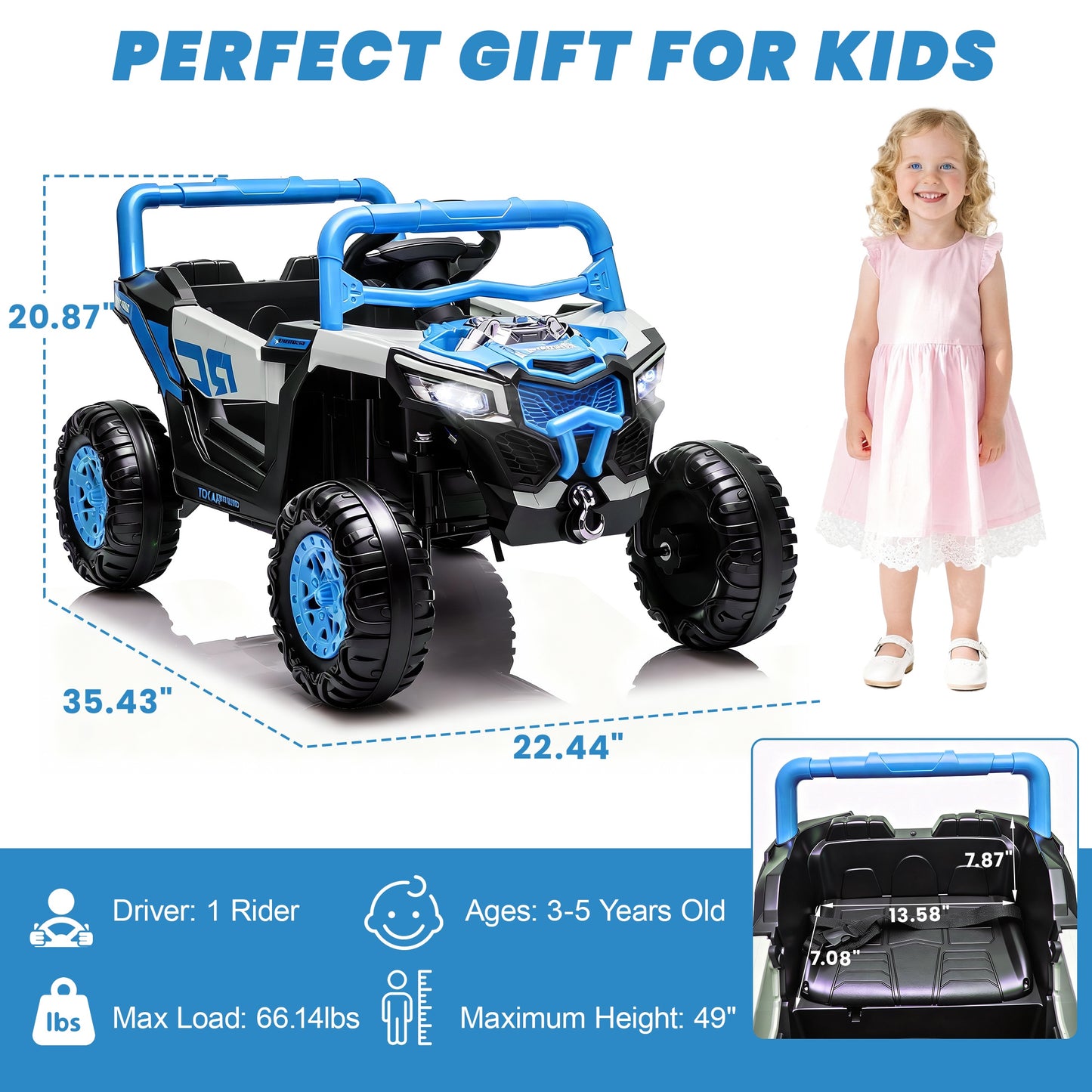 iRerts 12V Electric Ride on UTV, Powered Ride on Cars with Parent Remote Control, LED Lights, Music Player, Front Shock Absorbers, Ride on Toys for Kids Boys Girls Ages 3-4, Blue