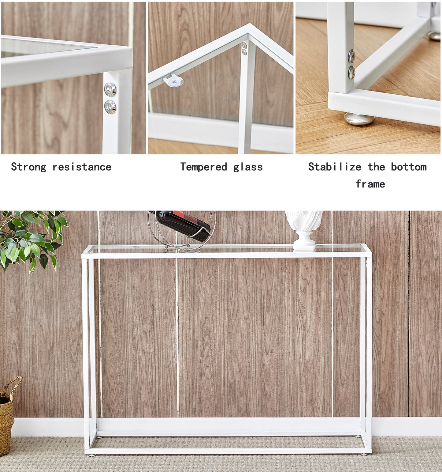iRerts Console Table Narrow Sofa Table with Metal Frame, White Entryway Table with Glass Tabletop, Industrial Skinny Hallway Table Sofa Tables Narrow Long for Hallway Living Room Home Office Entrance