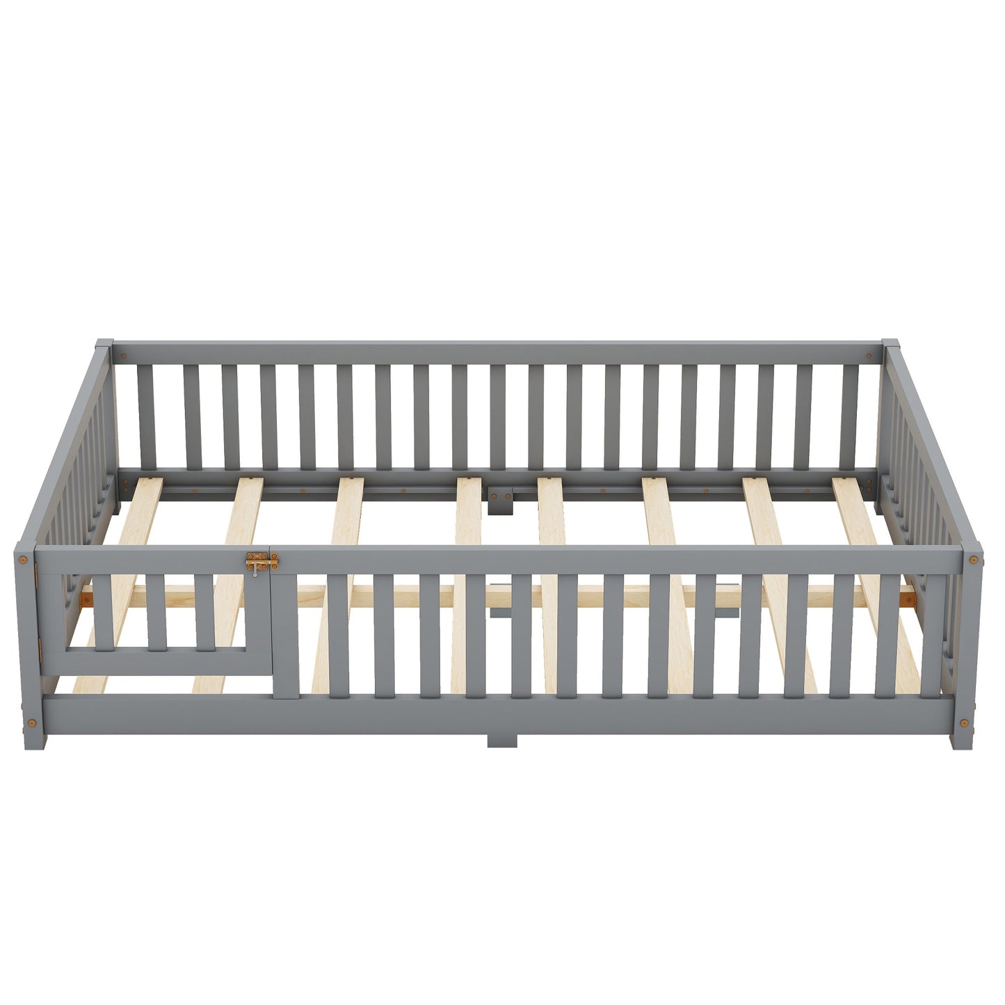 iRerts Full Floor Bed Frame for Toddlers Kids, Wood Full Montessori Bed Frame with Slats, Fence, Door, Kids Montessori Bed Full Size, Full Toddler Bed Frame for Boys Girls, Gray